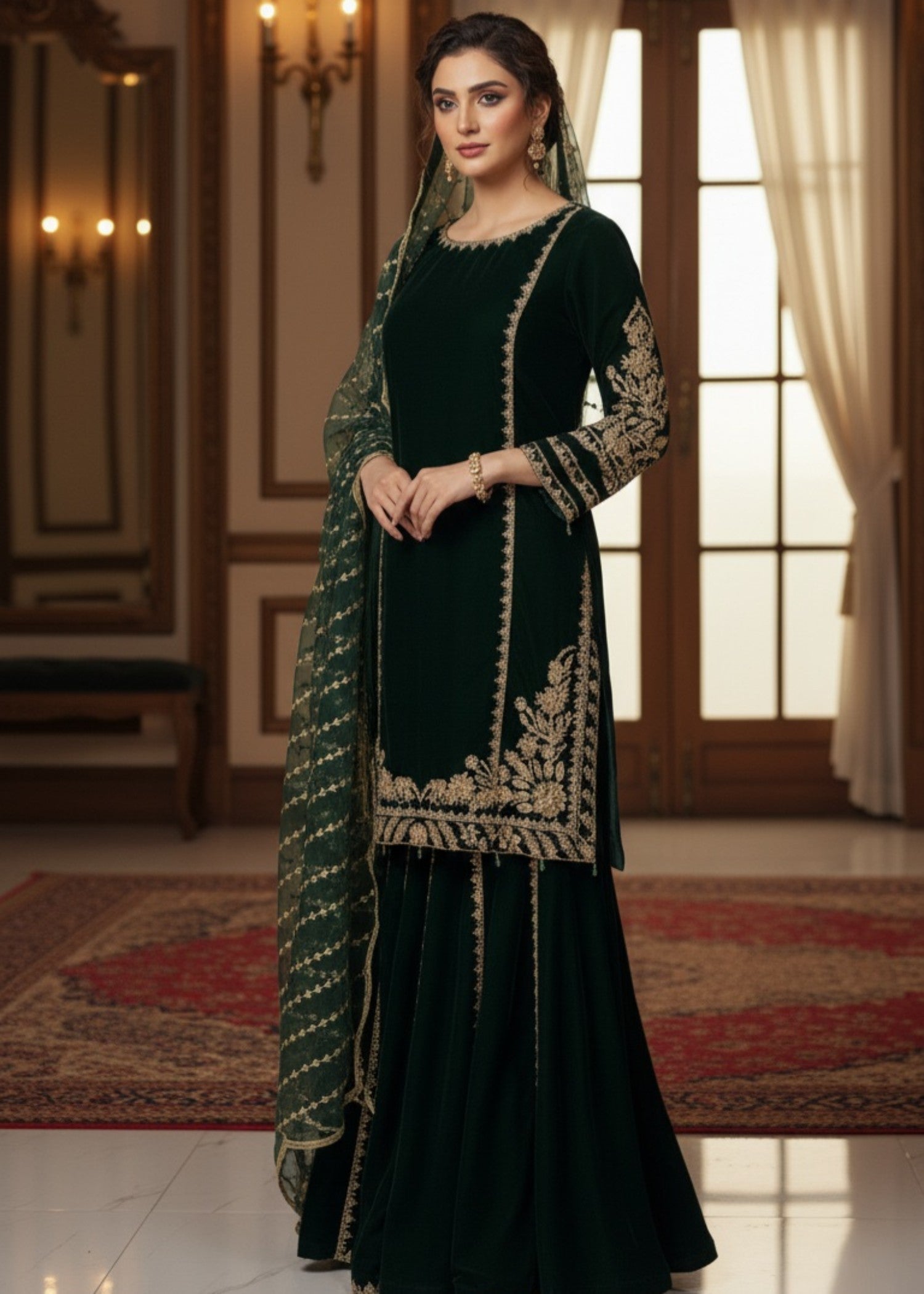 velvet Sharara in Bottle green