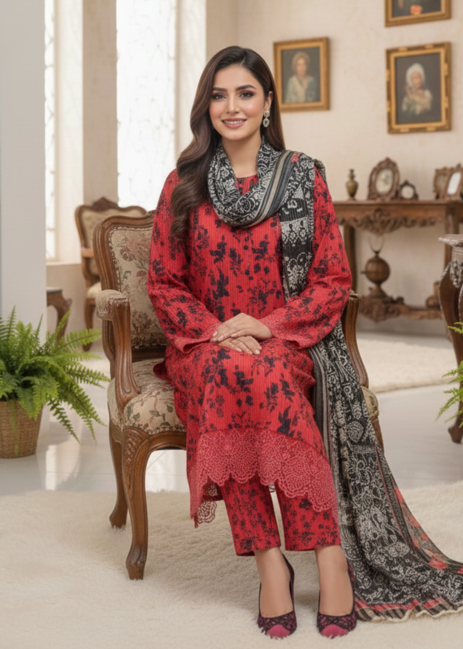 lawn Kurta Set in Spicy red