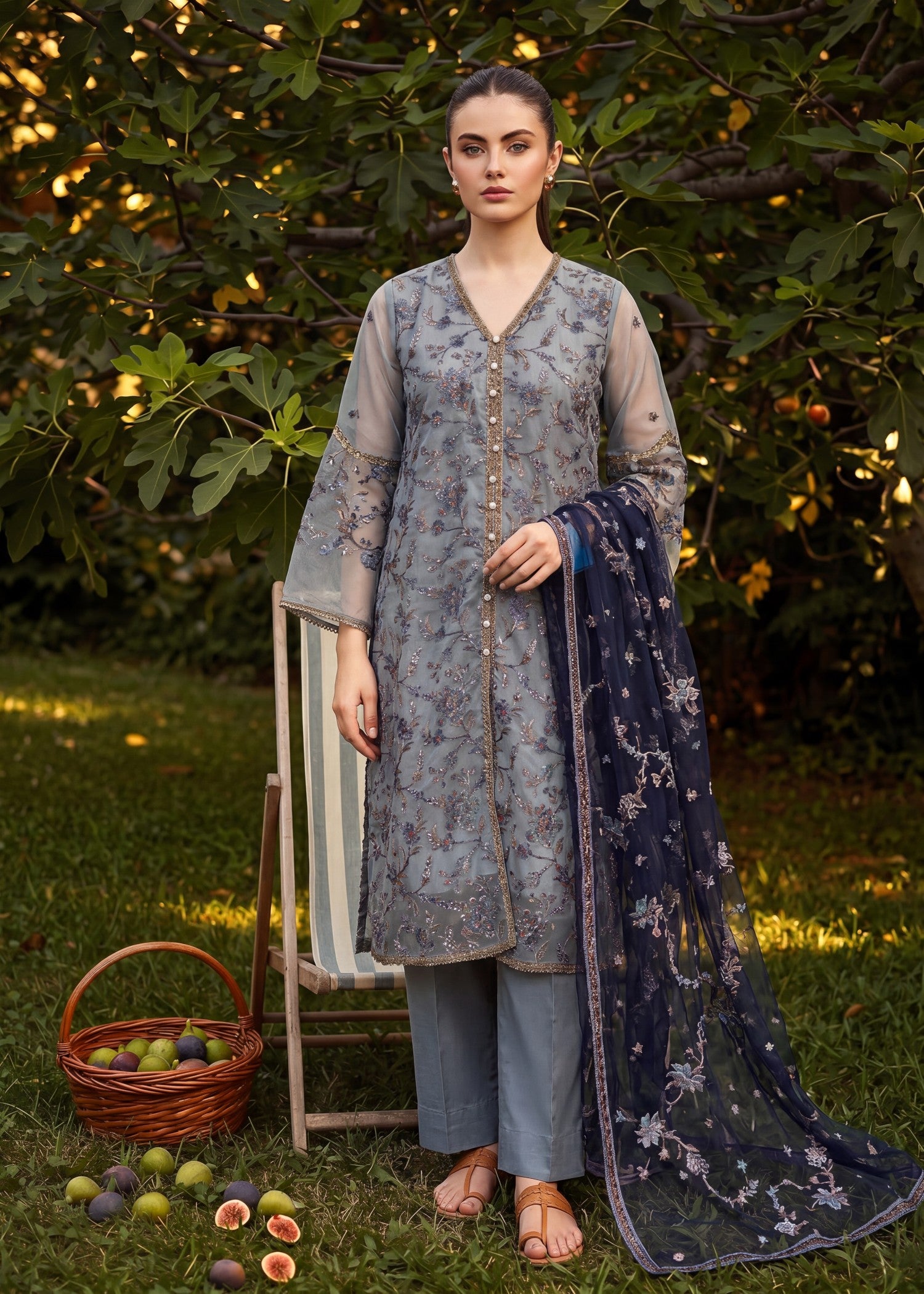 organza Kurta Set in Cool grey