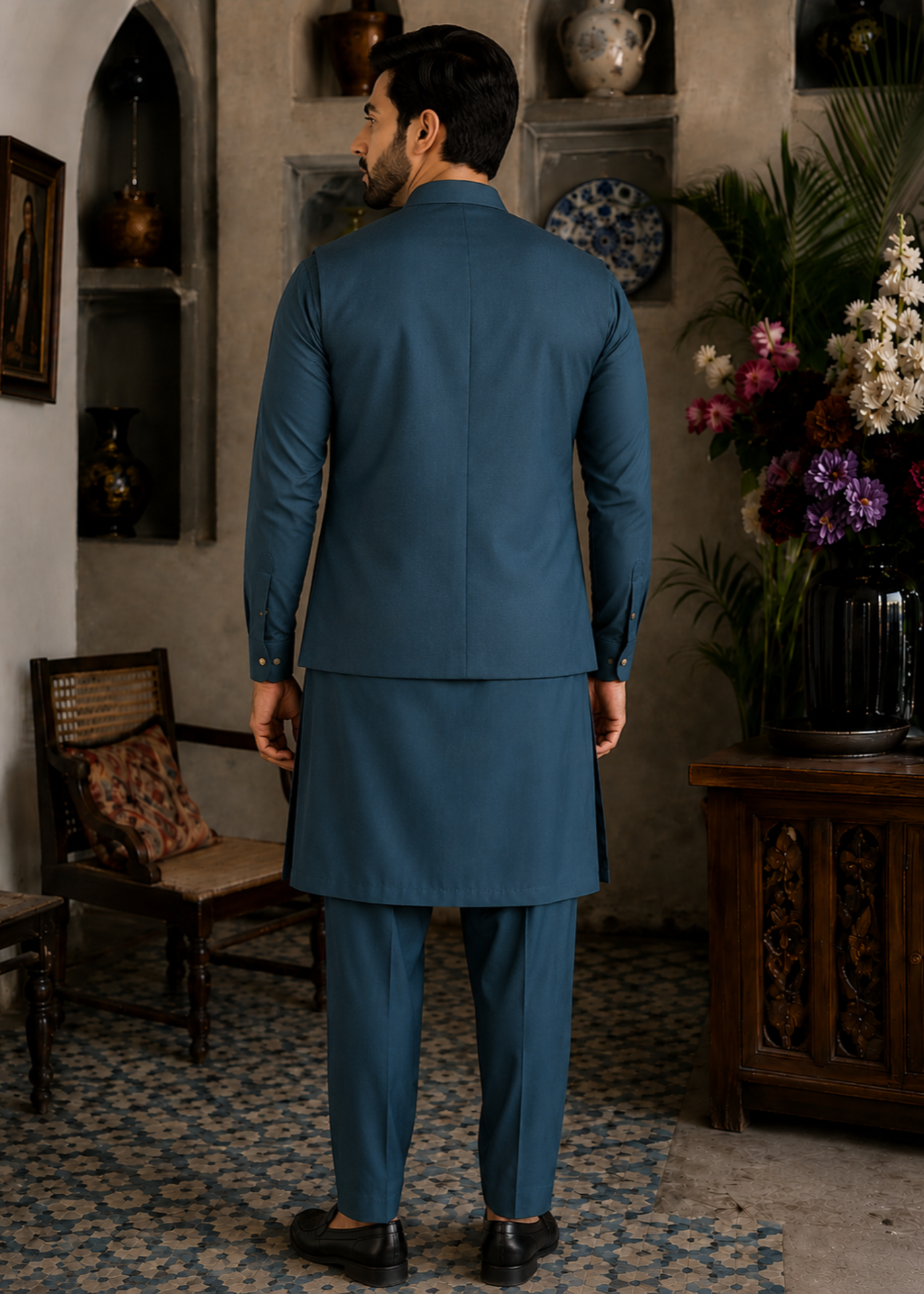 textured wash & wear Waistcoat in Teal