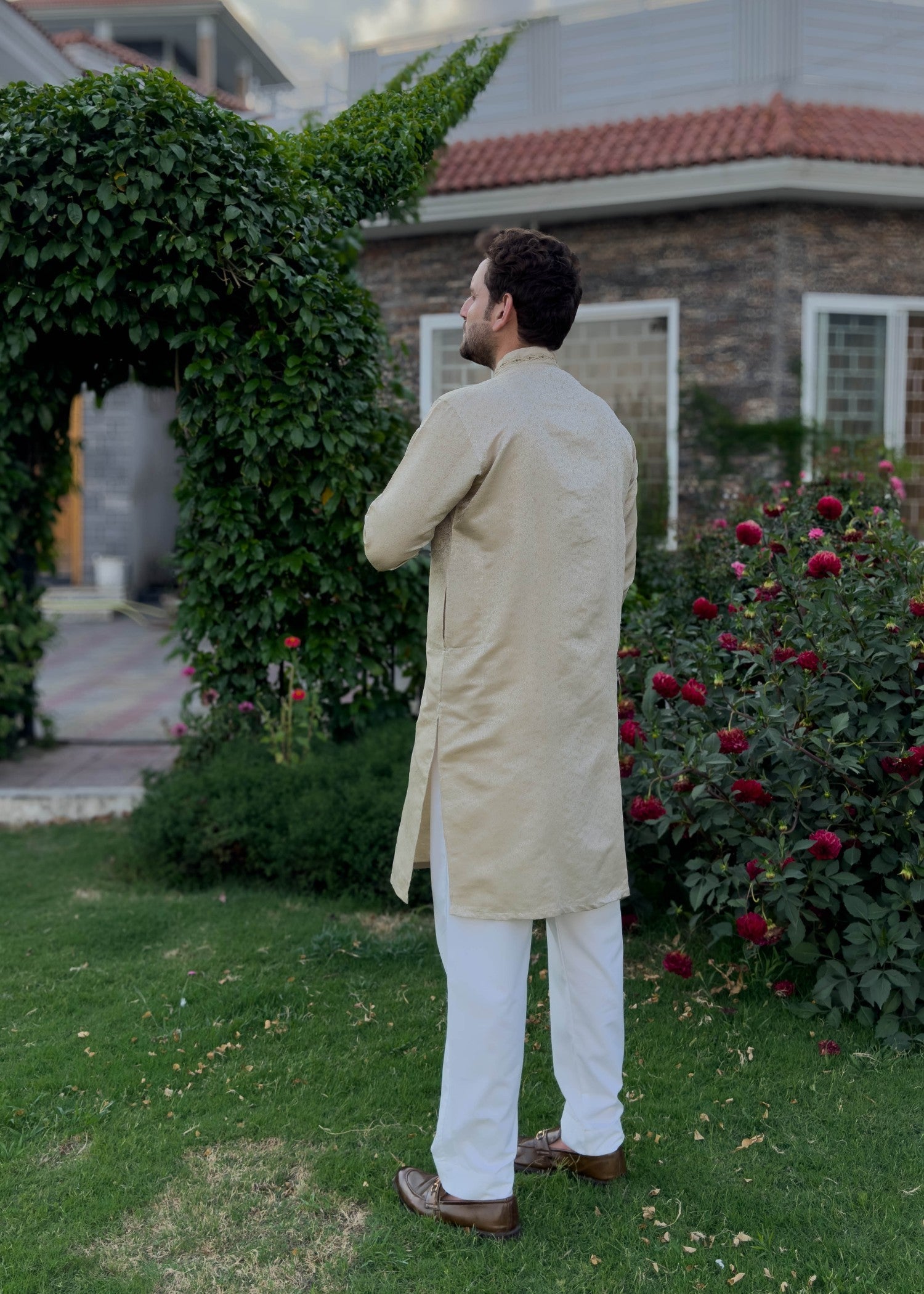 traditional jamawar Kurta in Tan brown