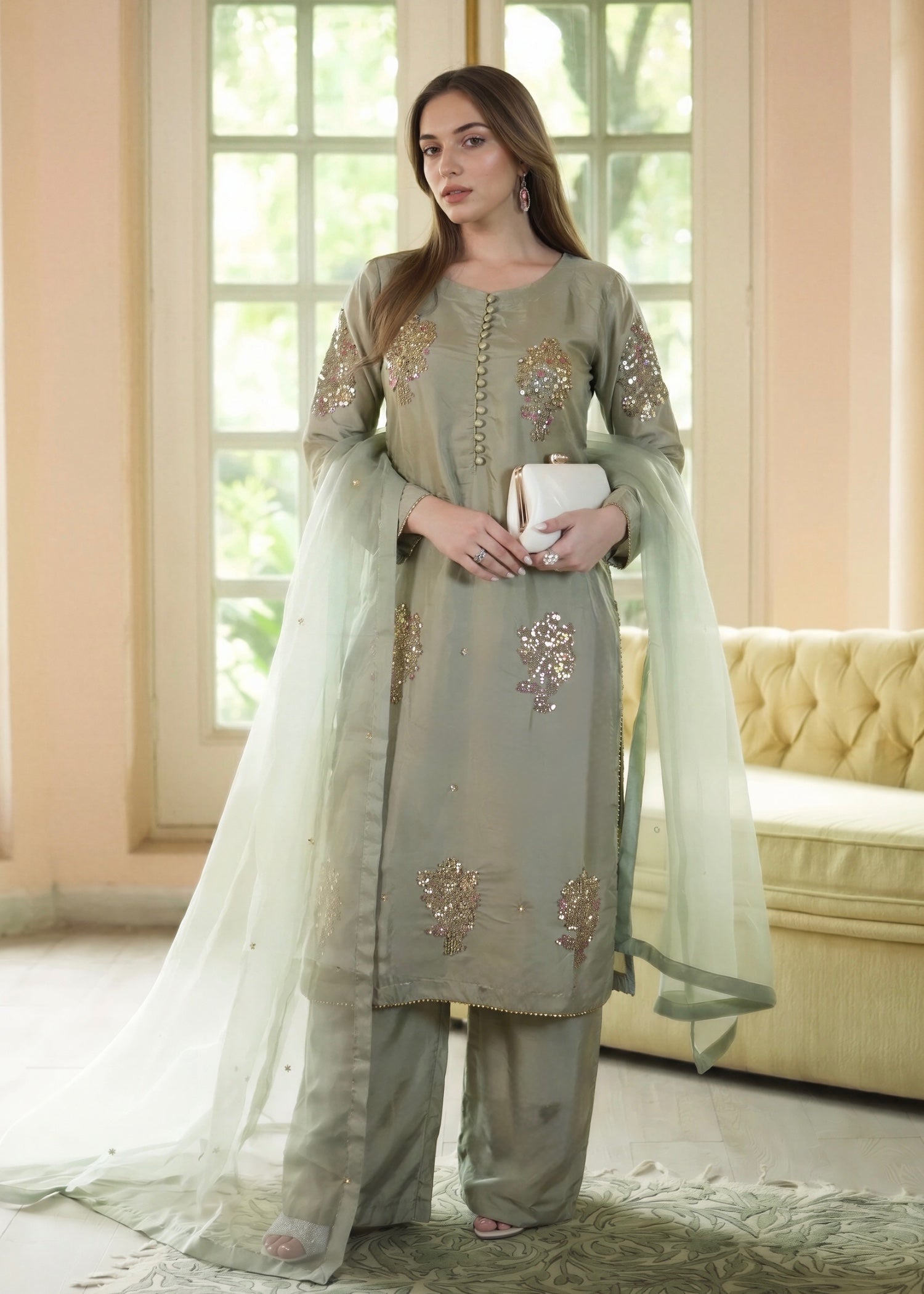 kattan silk Kurta Set in Moss green