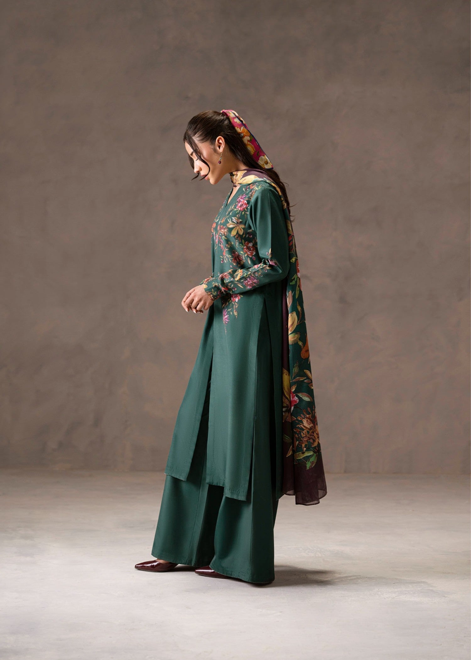 poly lawn Kurta Set in Bottle green