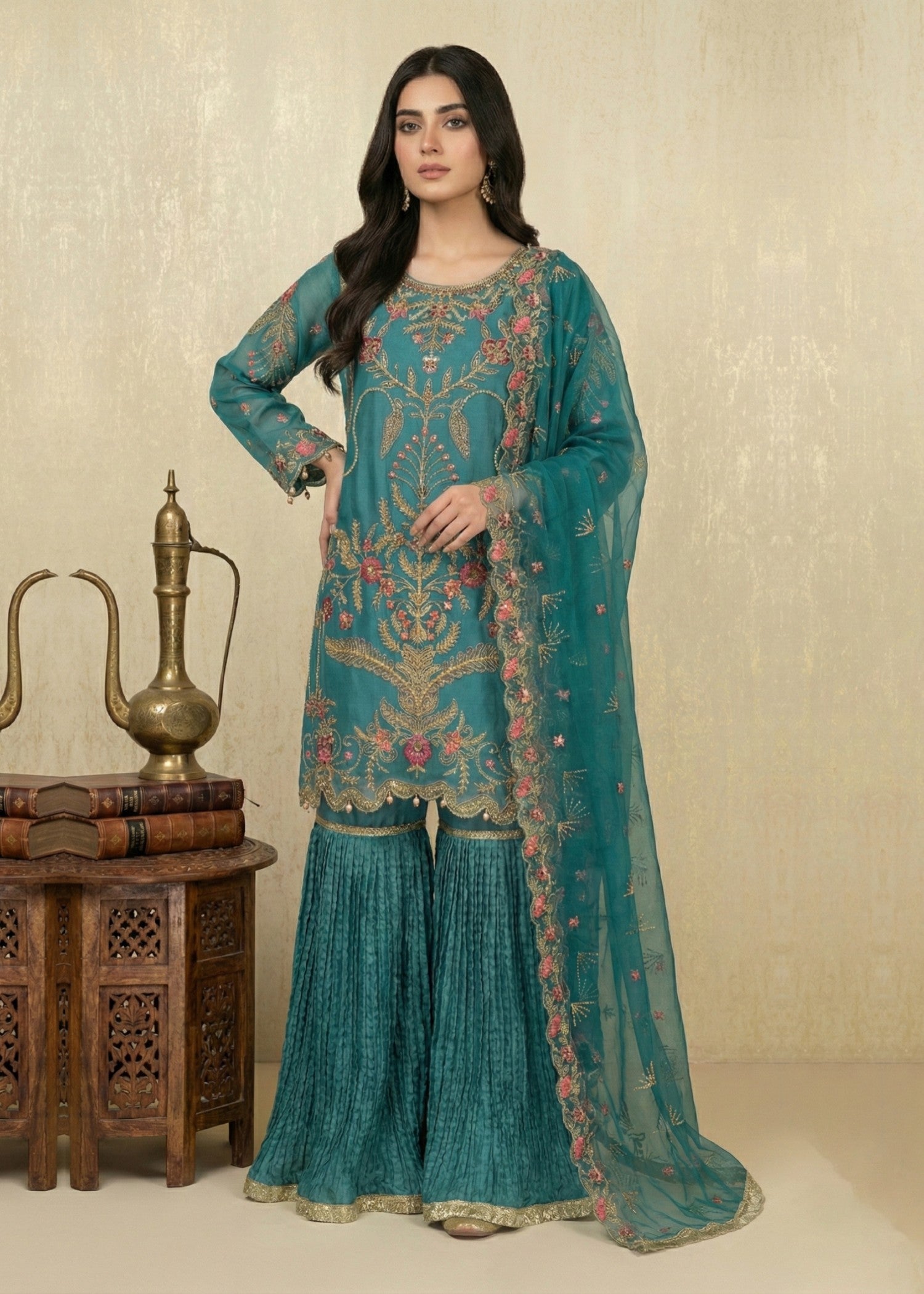 organza Gharara in Sea green