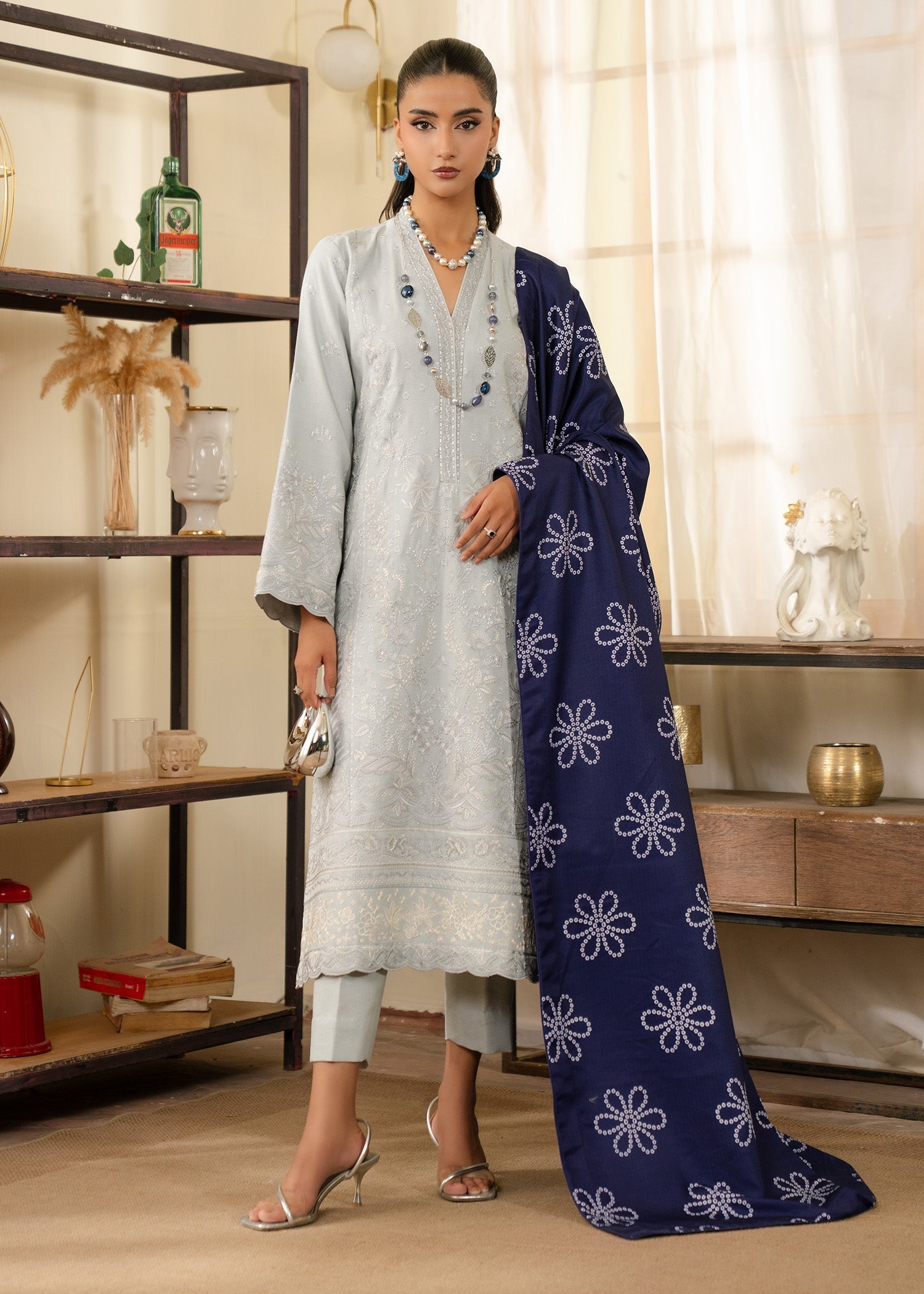 karandi Kurta Set in Ash grey, navy blue