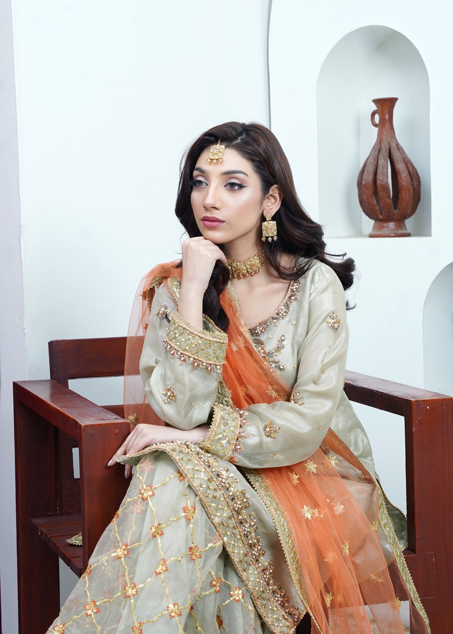 organza Gharara in Moss green