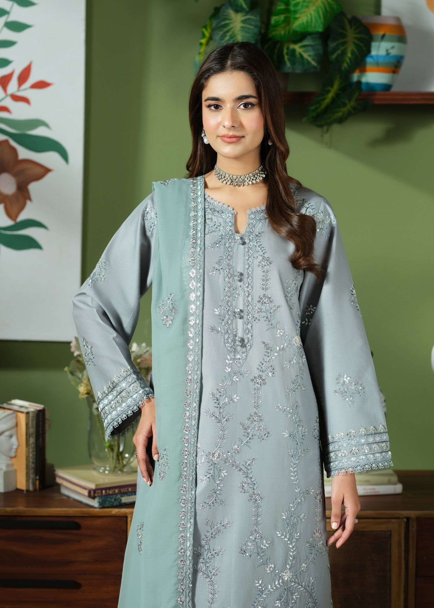 cambric cotton Kurta Set in Pastel grey