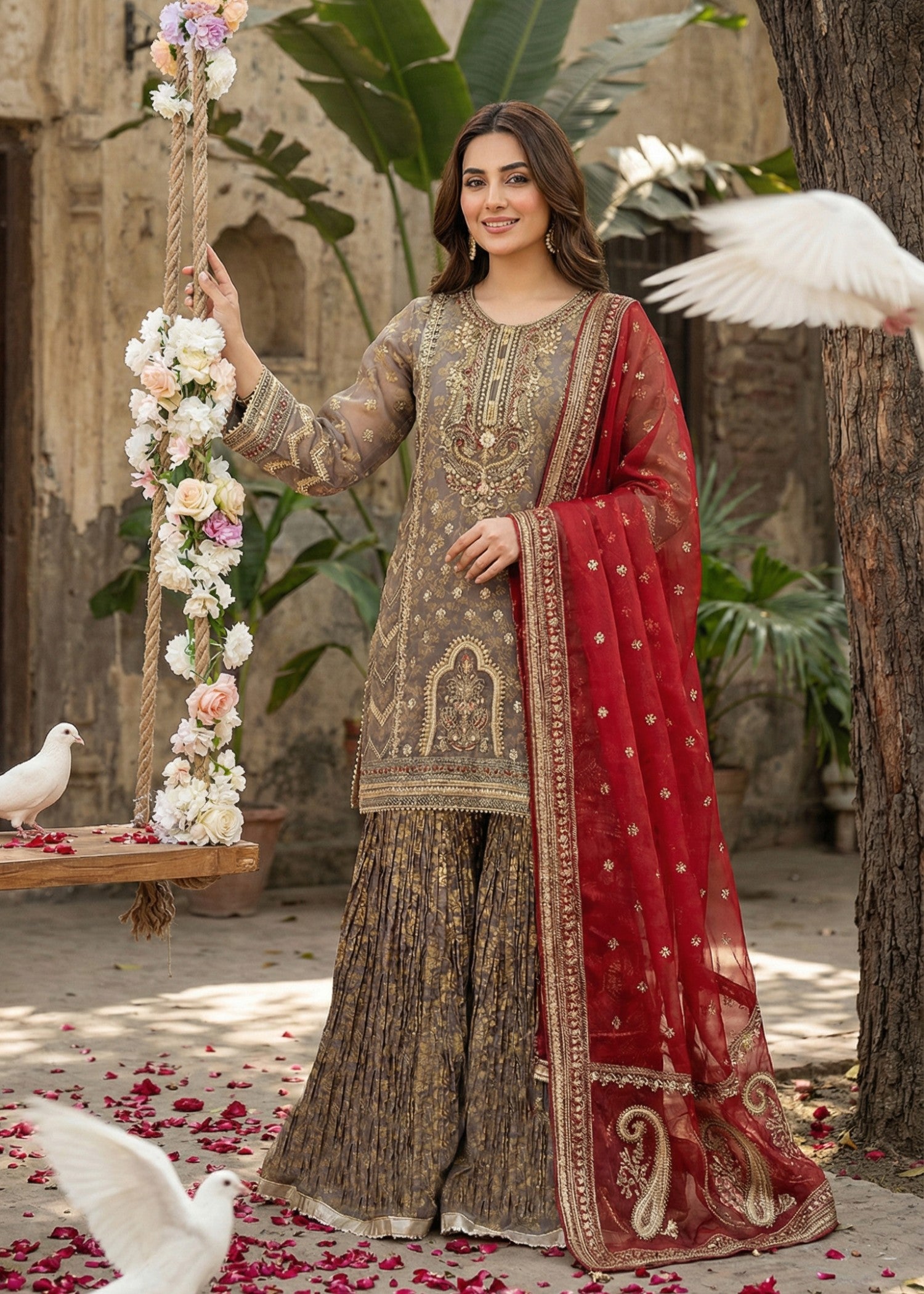 organza Sharara in Earth brown