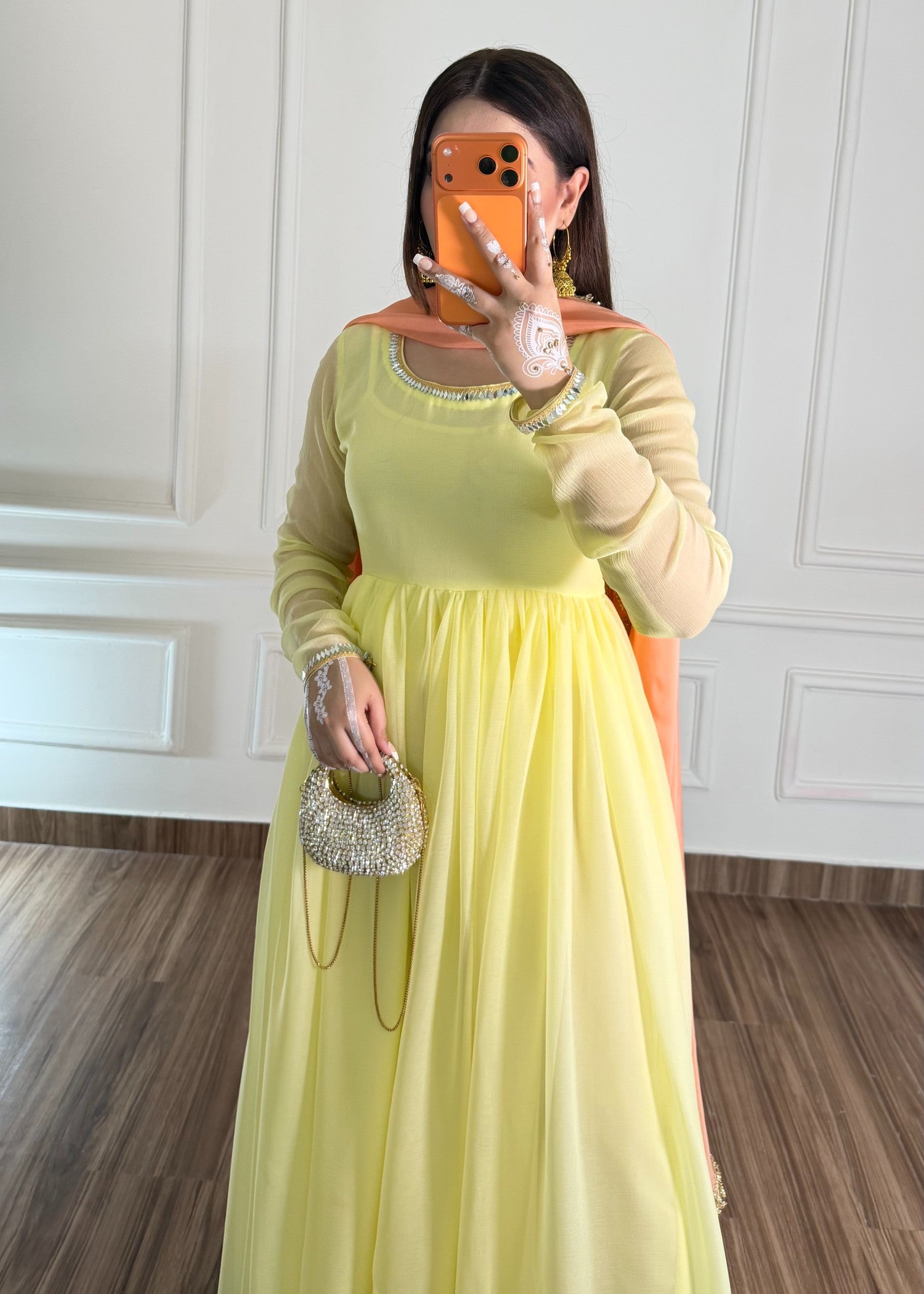 bemberg crinkle chiffon Maxi in Peach pink, pale yellow
