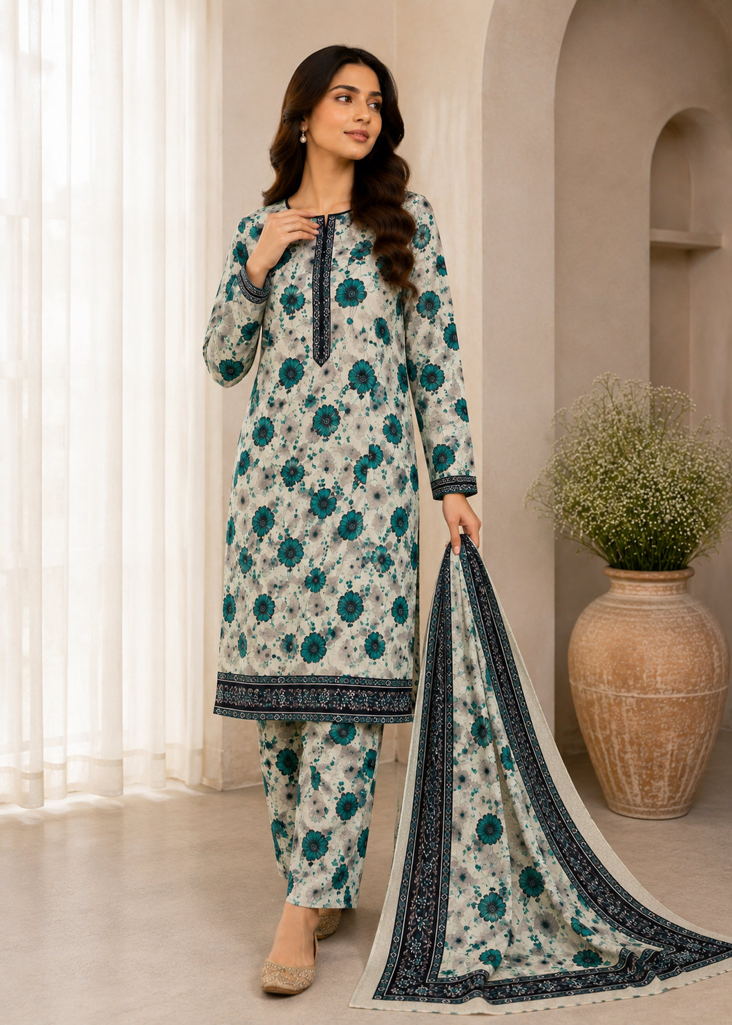 cotton Unstitched in Beige, pine green