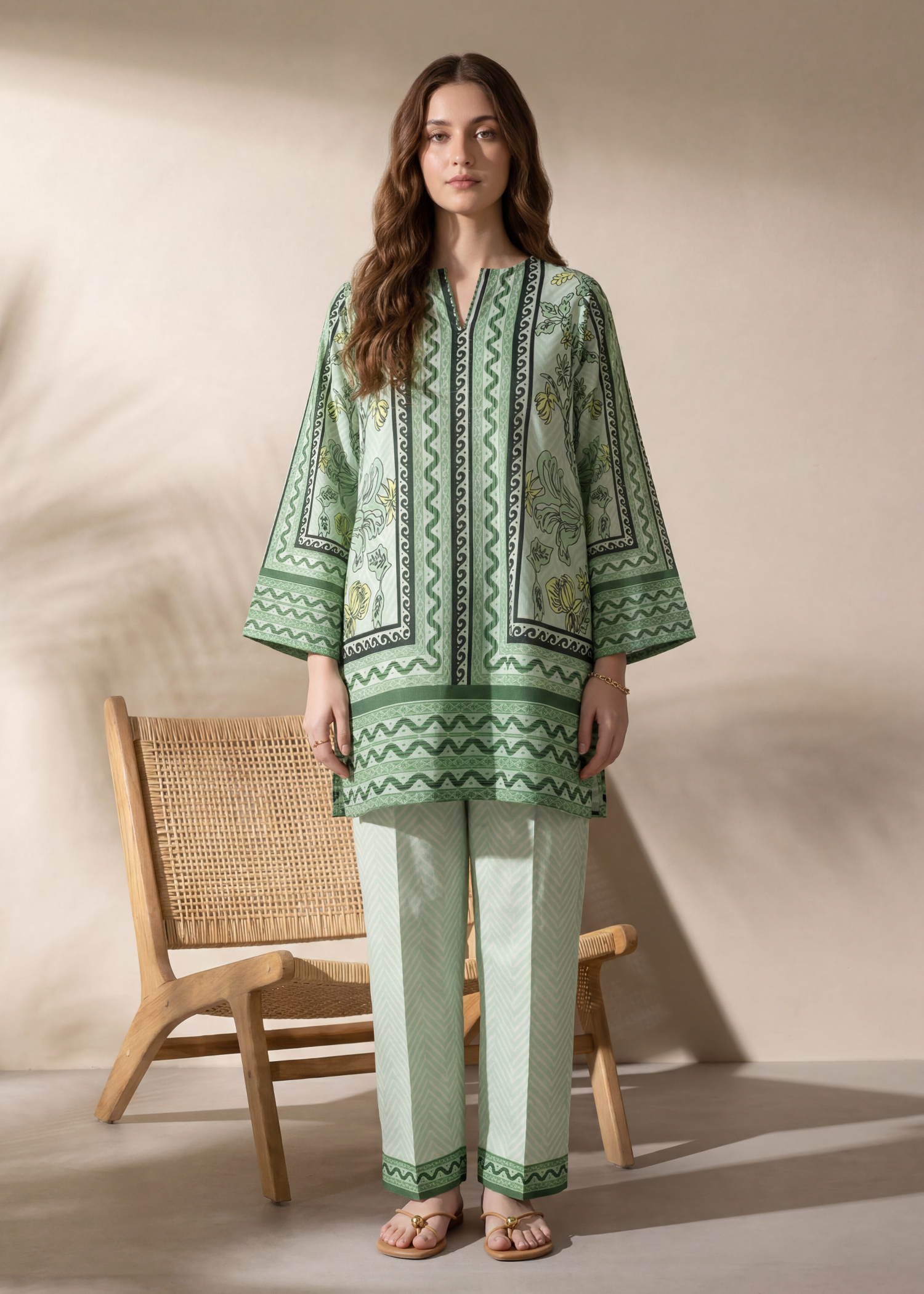cross hetch Kurta Set in Moss green