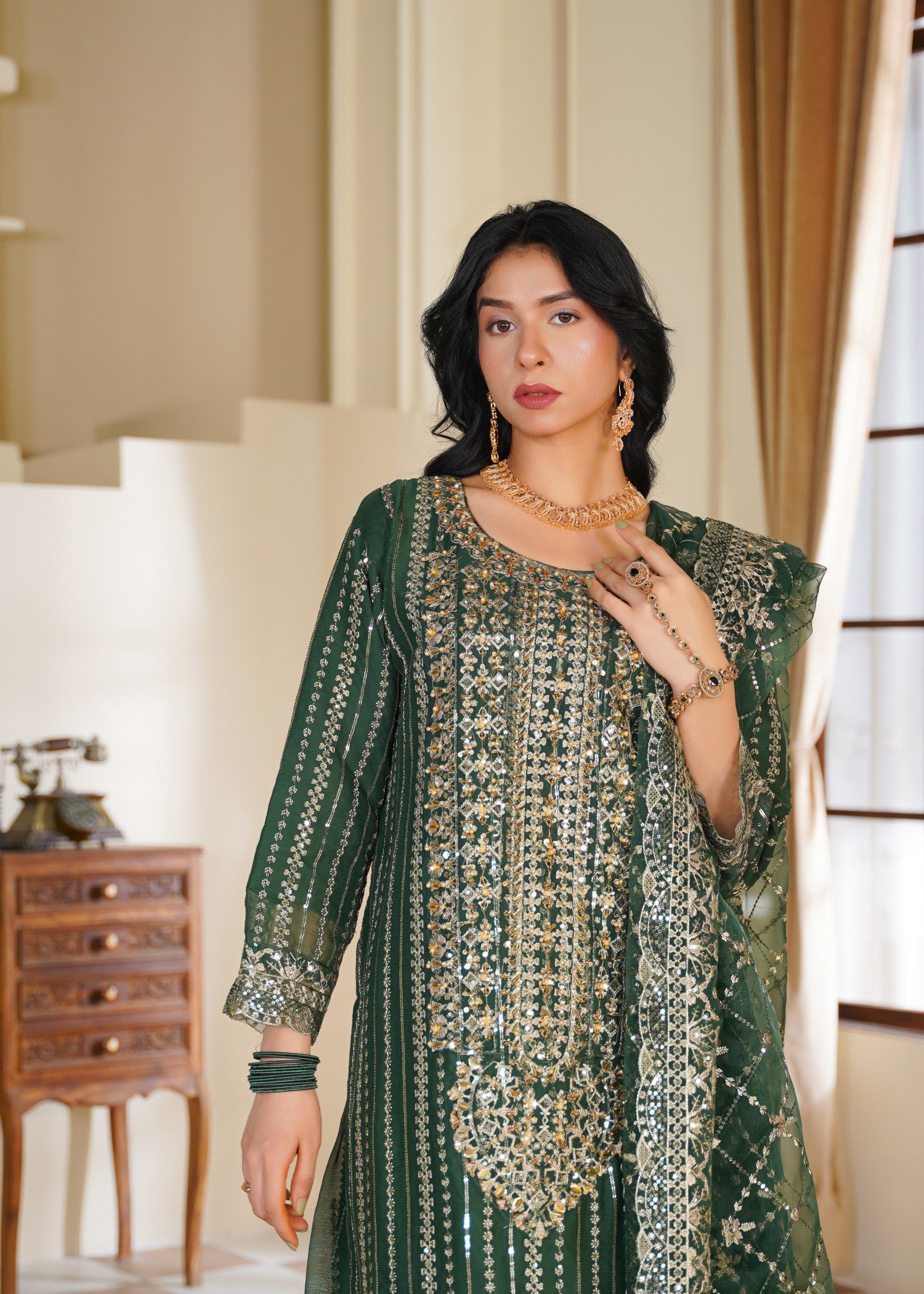 chiffon Sharara in Green, gold