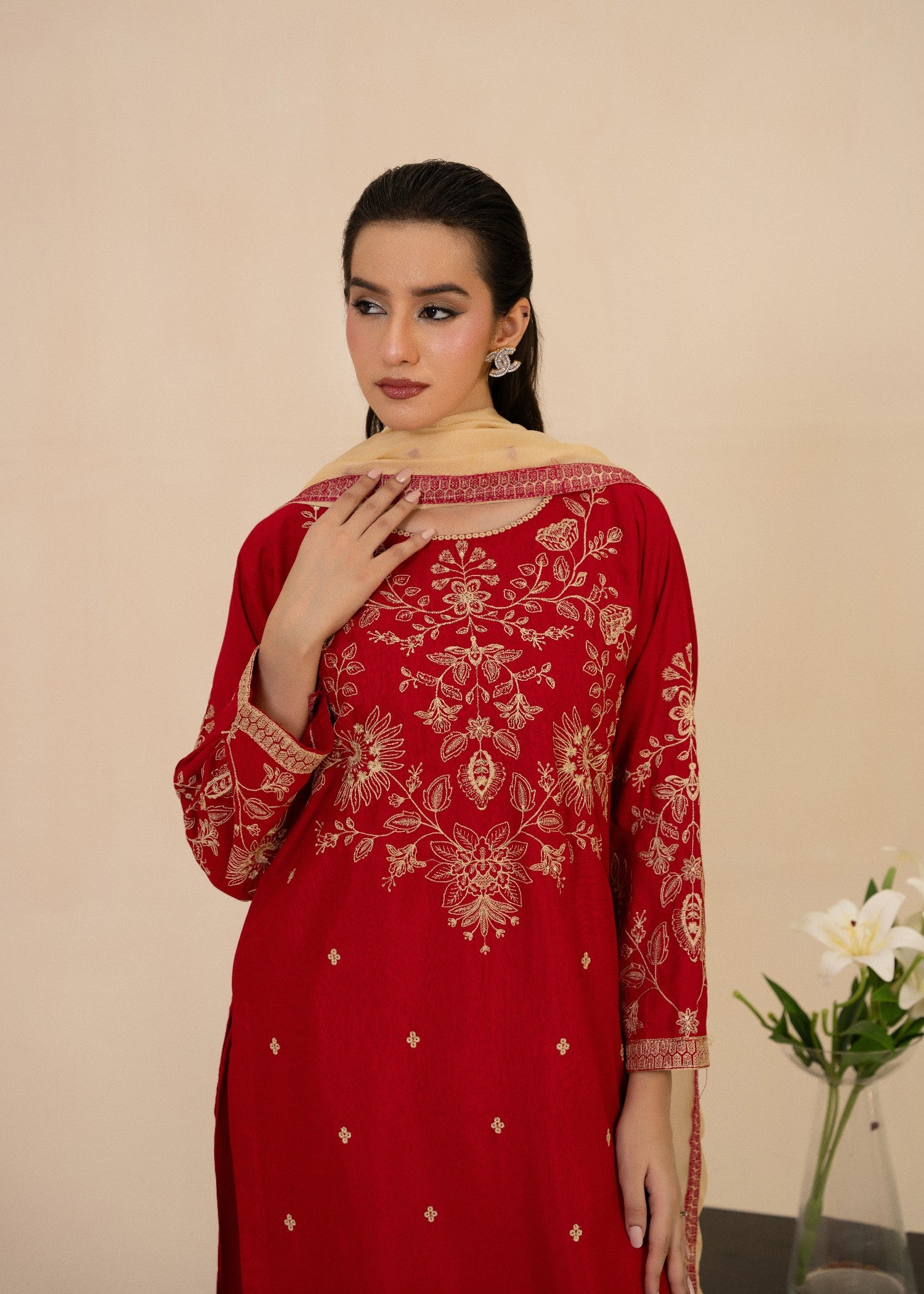 raw silk Kurta Set in Tomato red