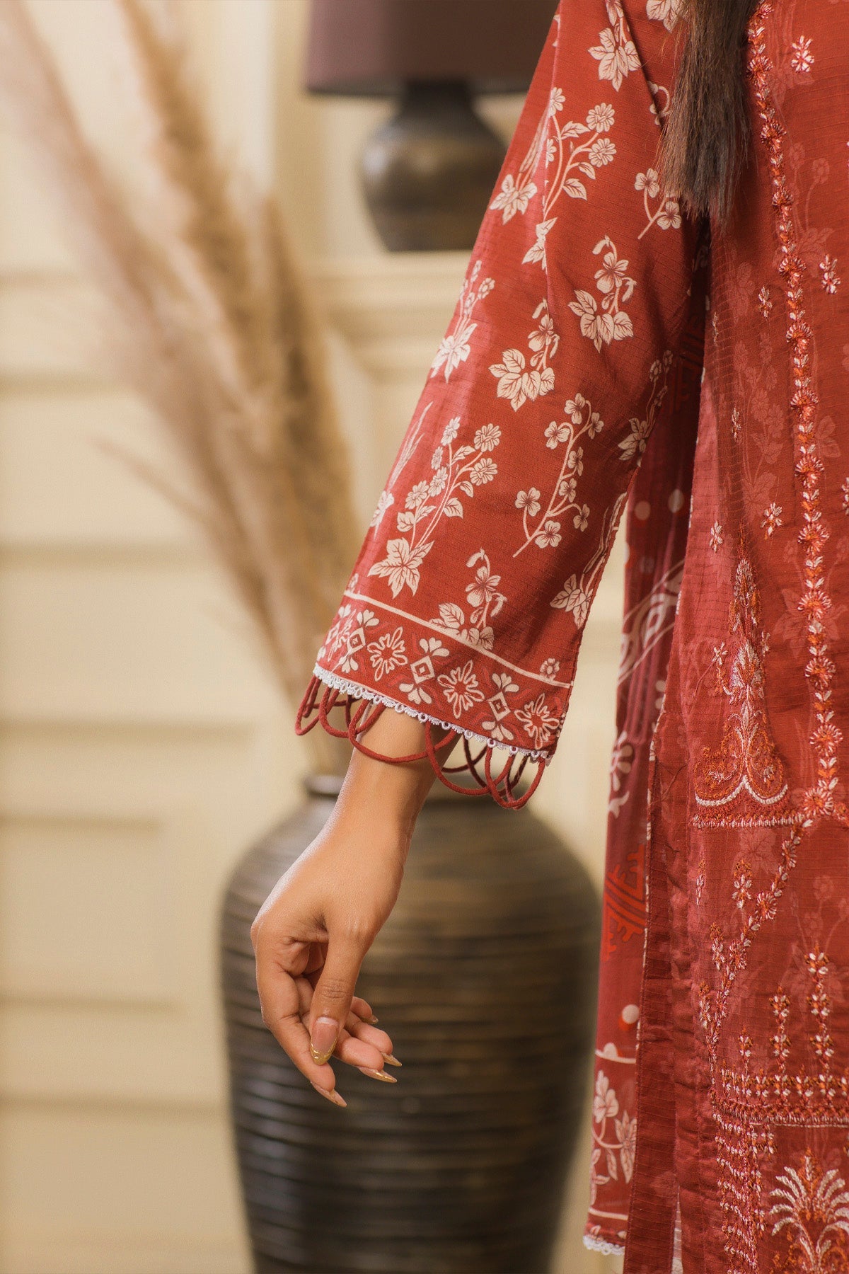 lawn voile Kurta Set in Rust orange
