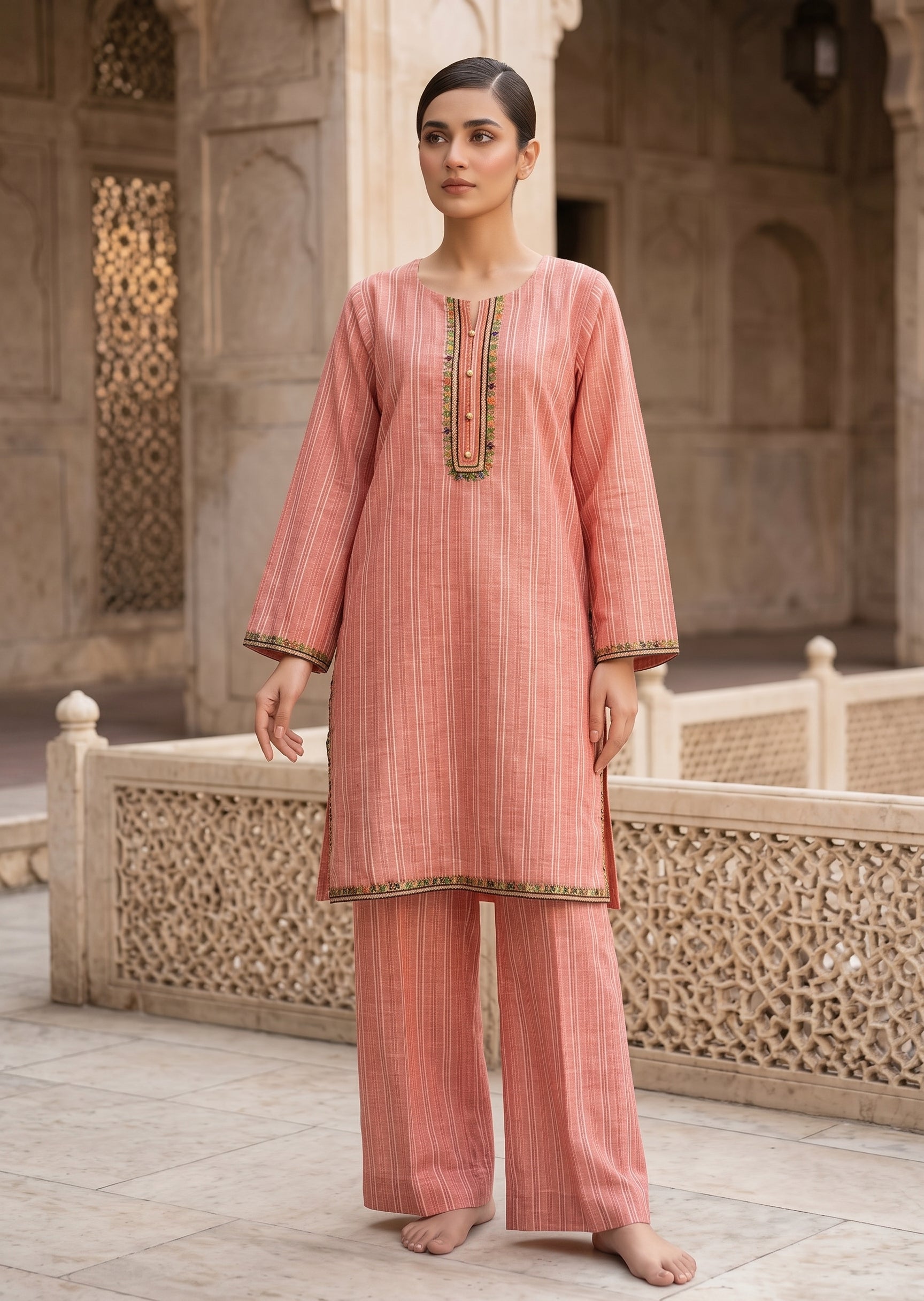 blended satin Kurta Set in Indian pink