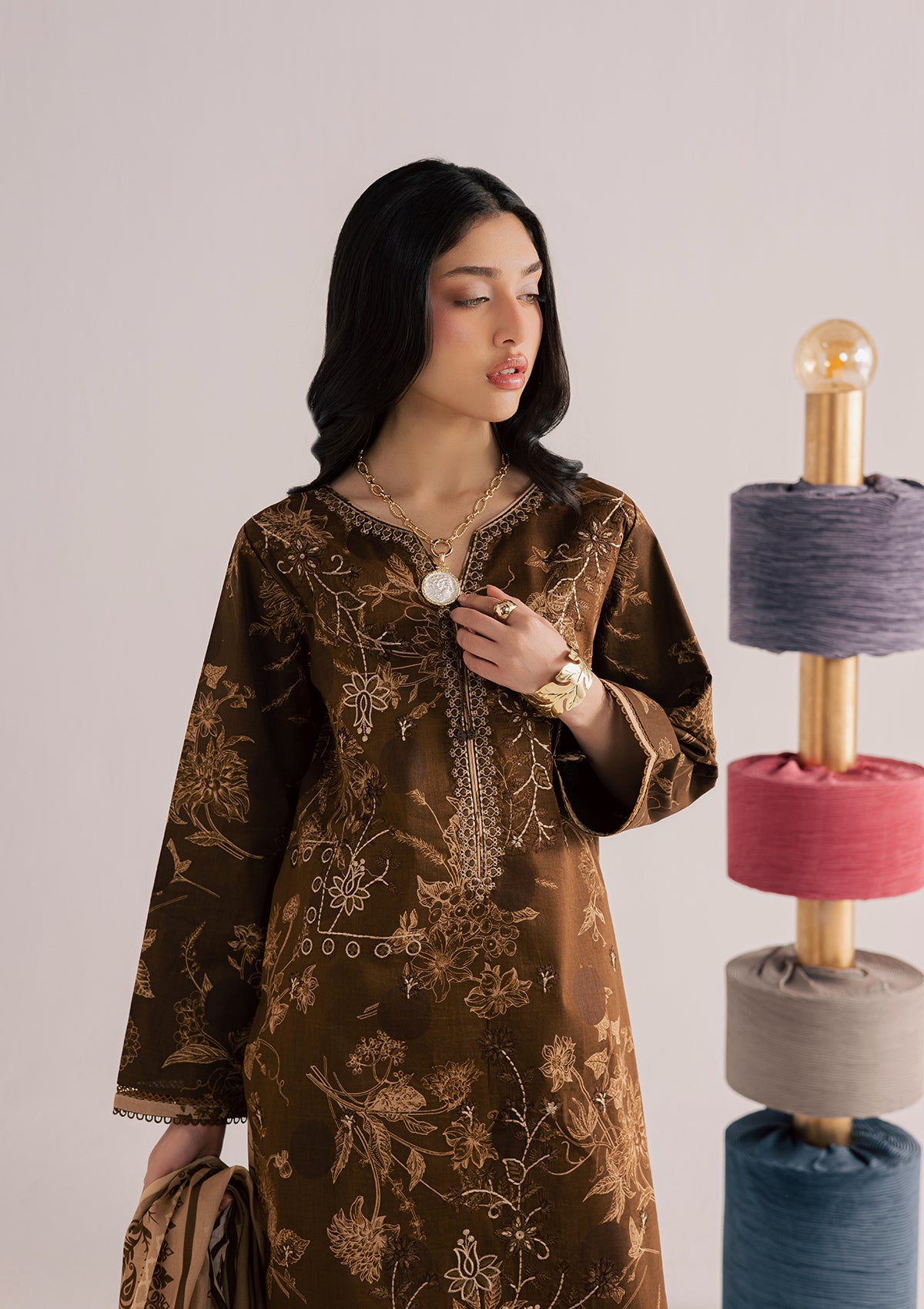lawn Kurta Set in Dark brown