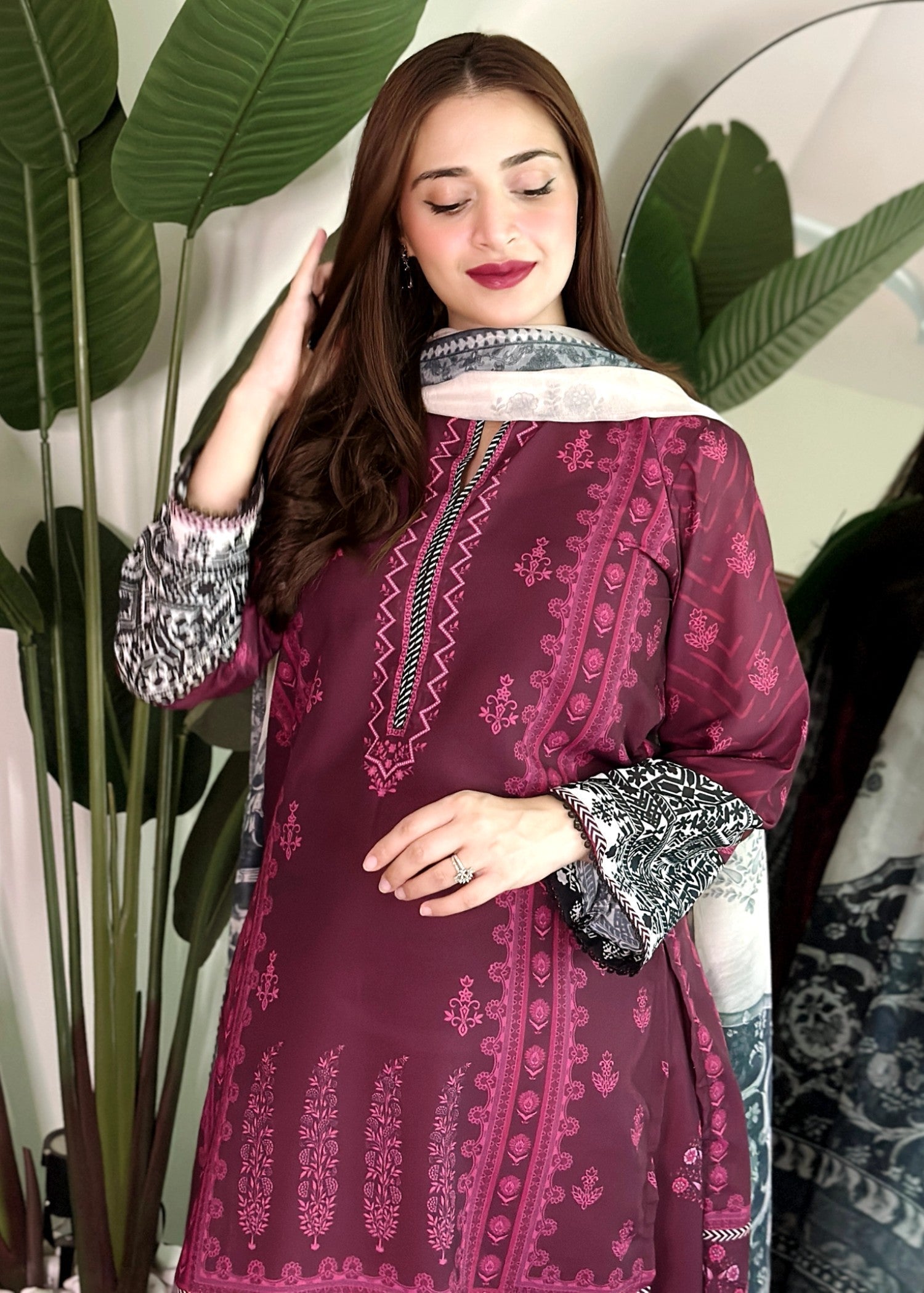 silk finish lawn Kurta Set in Plum
