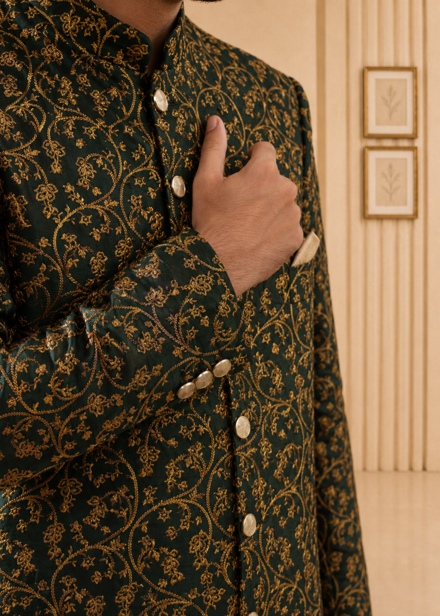 jamawar Sherwani in Dark green