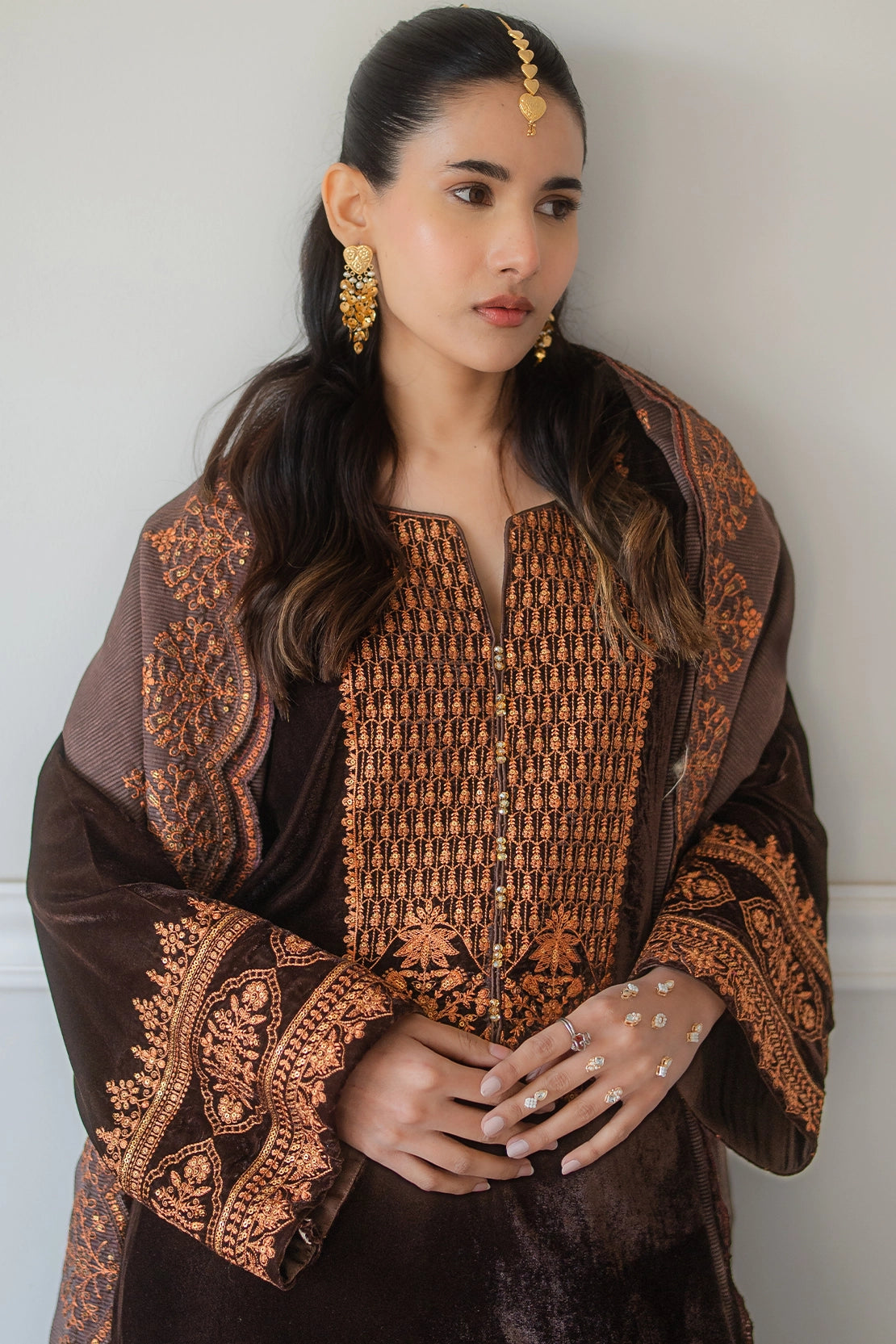 poly organza Kurta Set in Walnut brown