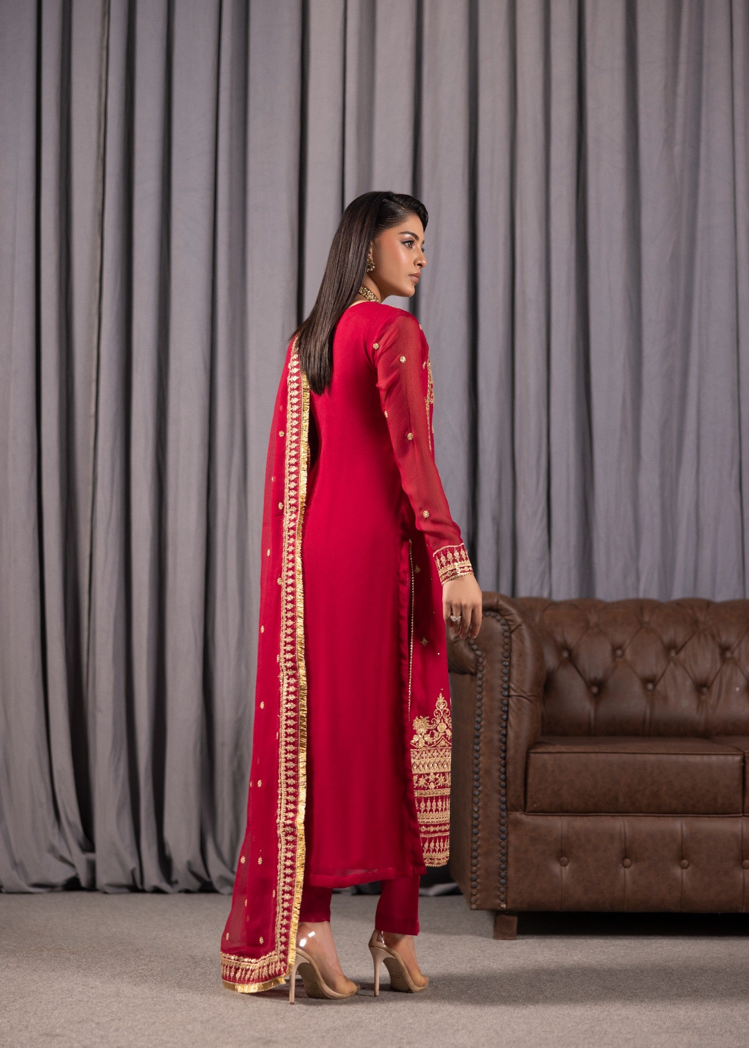 bemberg crinkle chiffon Kurta Set in Hot pink red