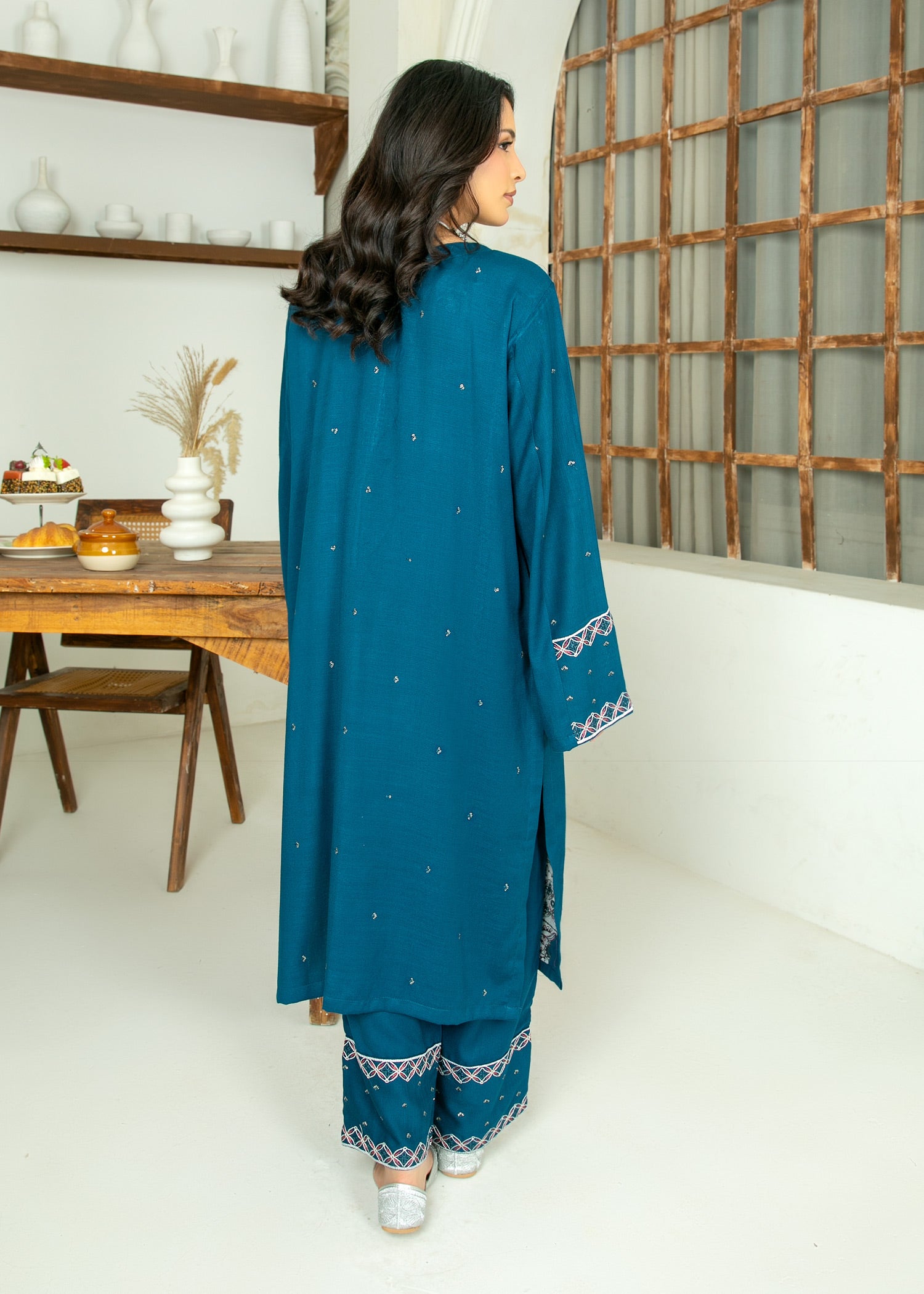 peach wool Kurta Set in Teal