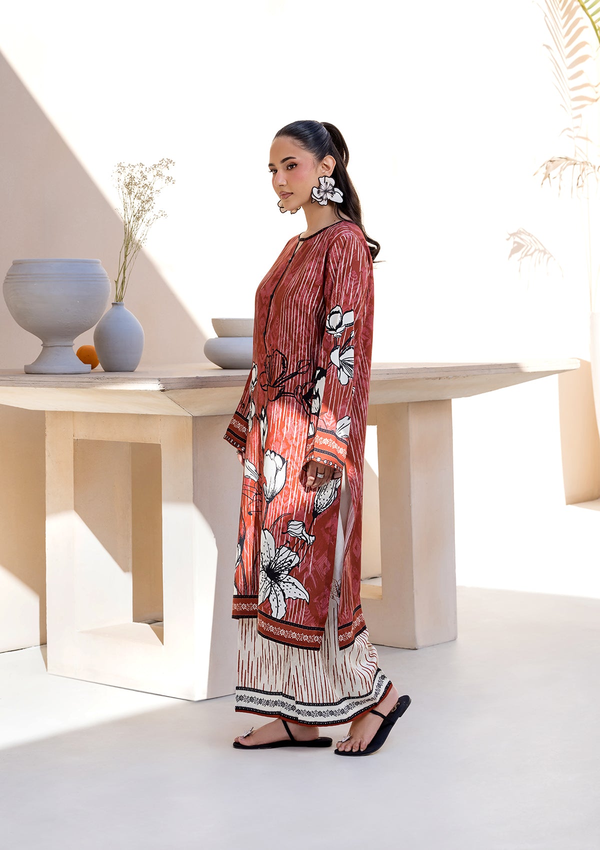 lawn Kurta Set in Rust red