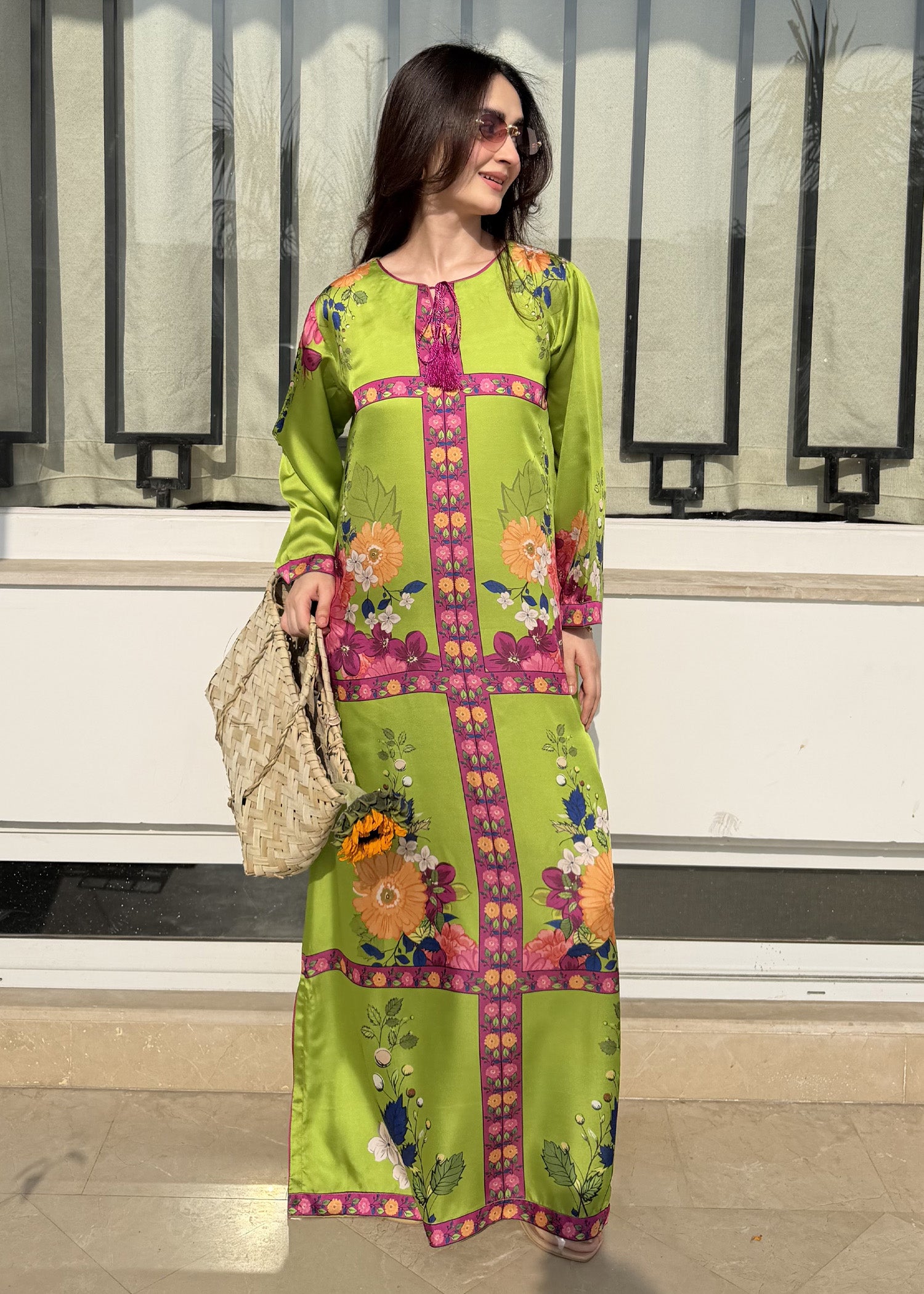 satin silk Kaftan in Apple green