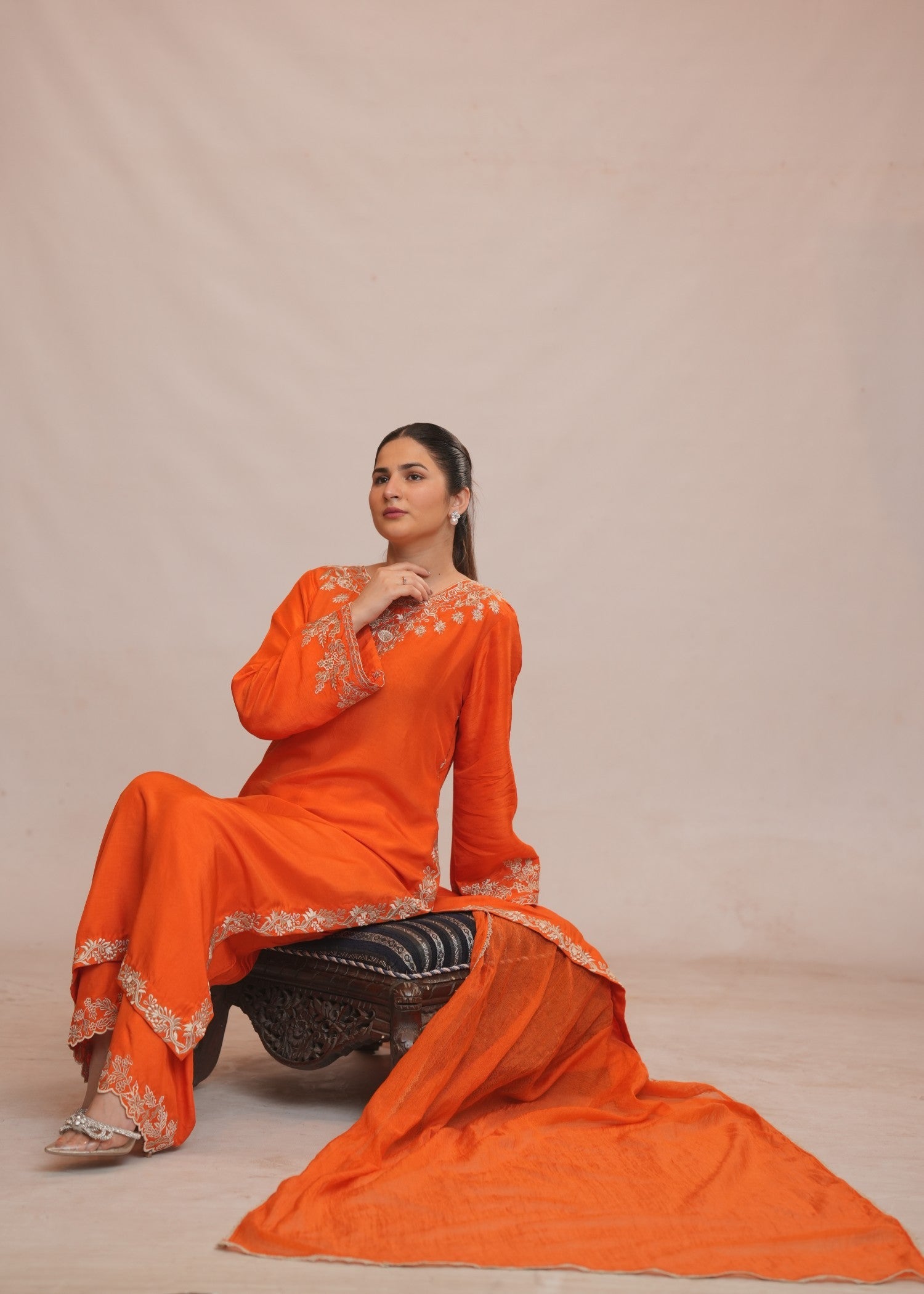 raw silk Kurta Set in Sunset orange