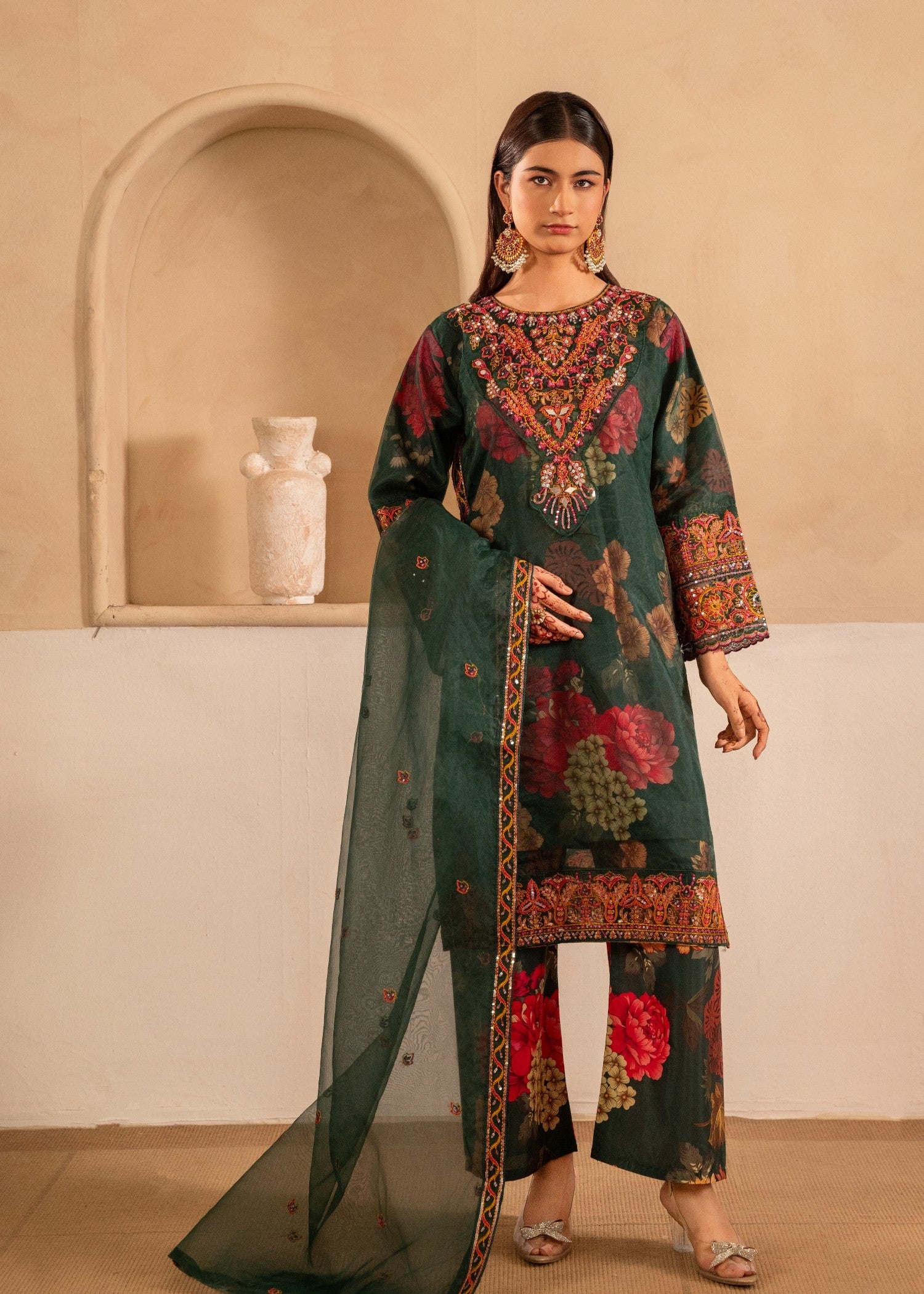 organza Kurta Set in Dark green