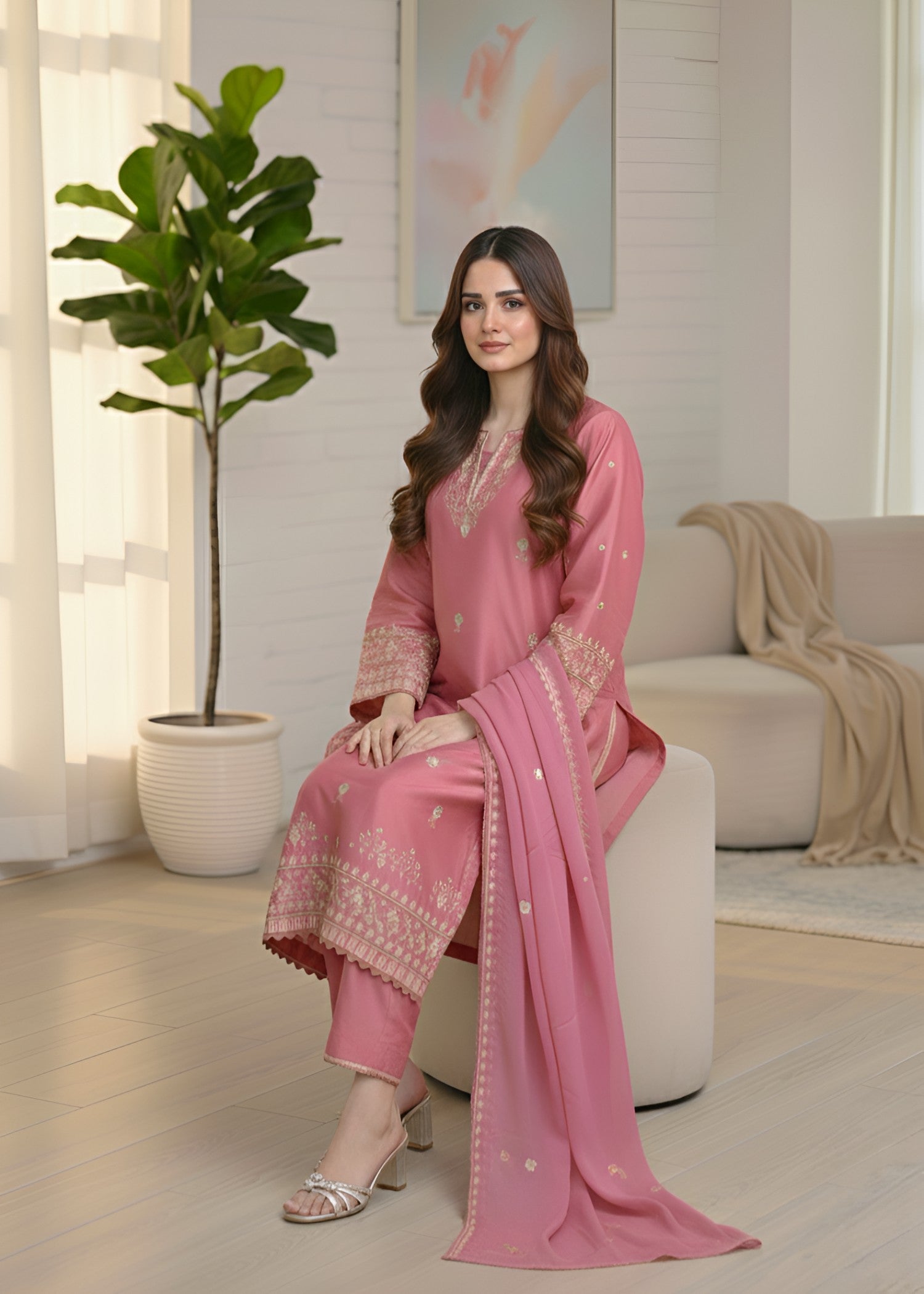 cambric Kurta Set in Salmon pink