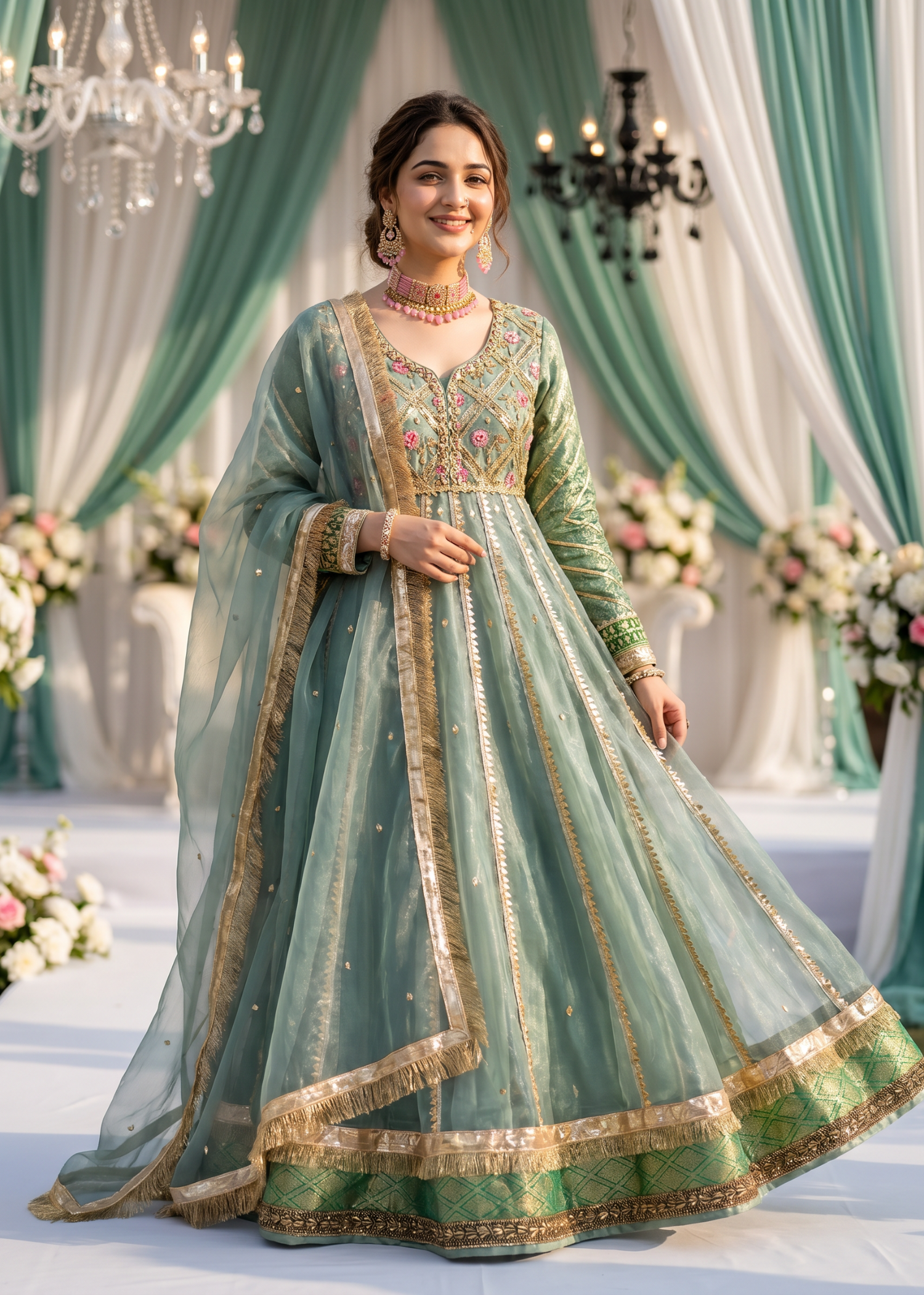 organza Pishwas in Pastel green