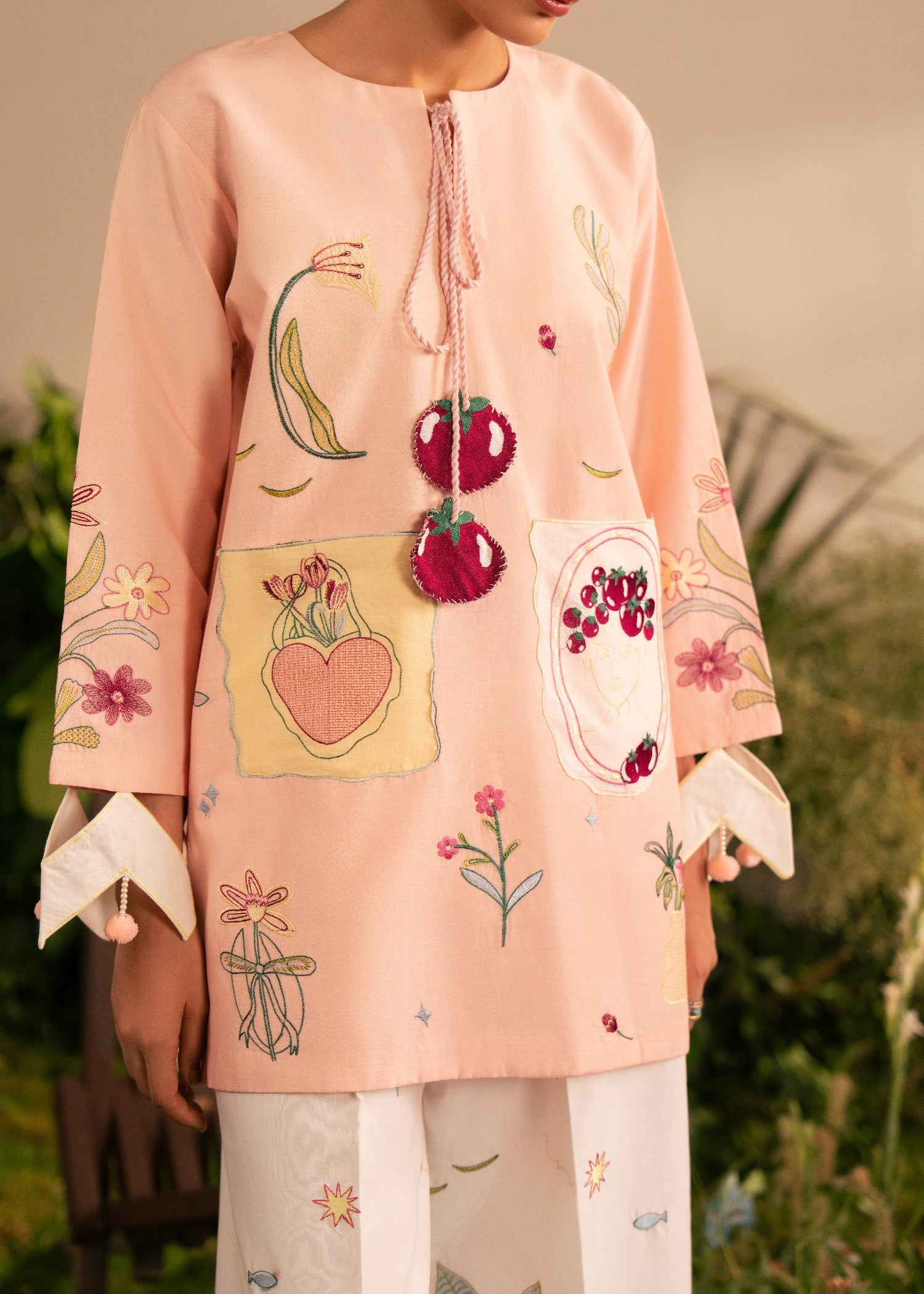 lawn cotton Kurta Set in Baby pink, white