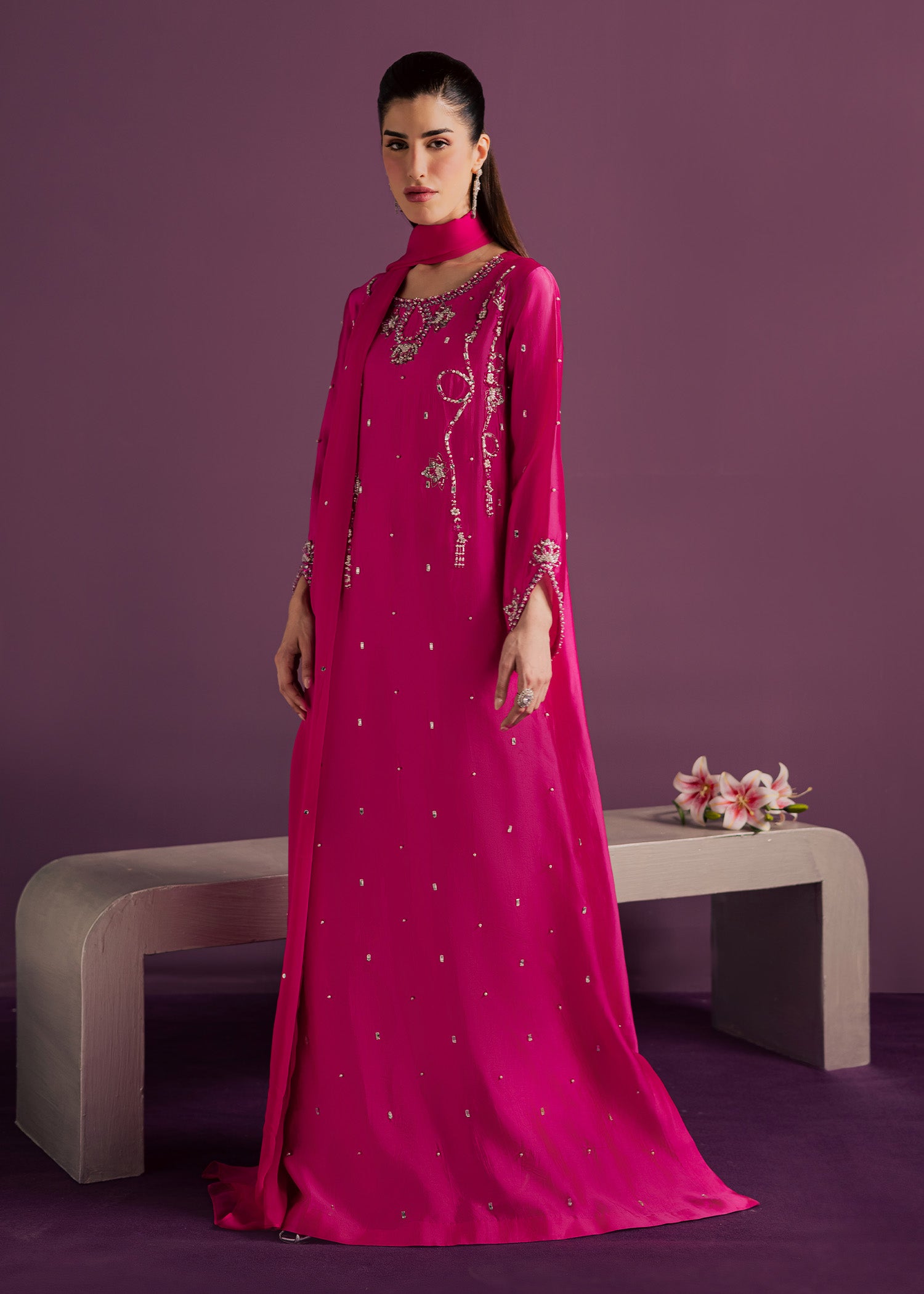 tussar silk Kaftan in Hot pink