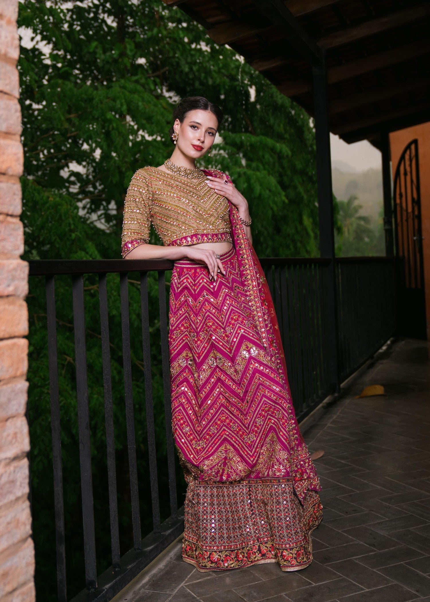 silk Lehenga in Red, plum, green
