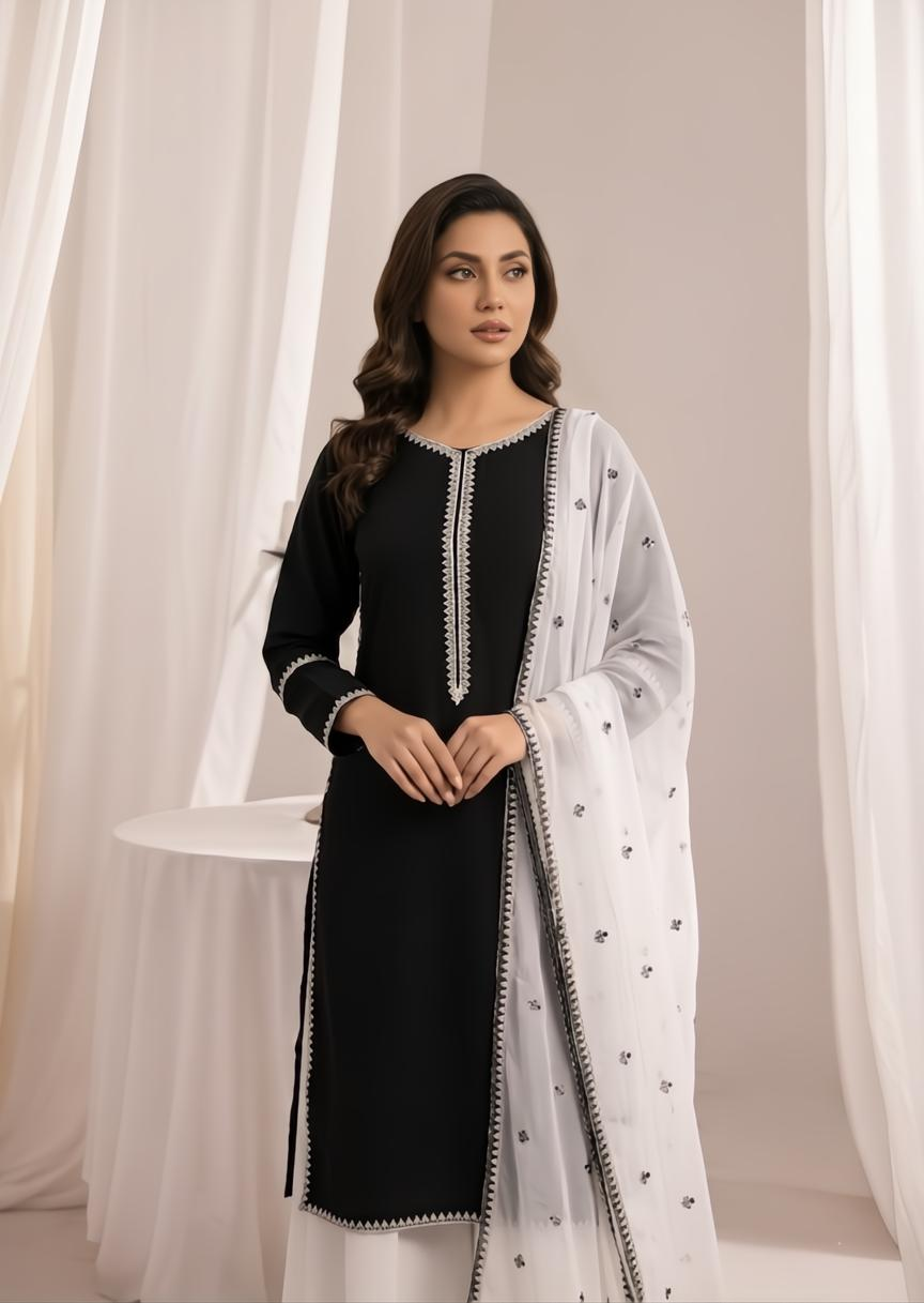 lawn cotton Sharara in Black, white