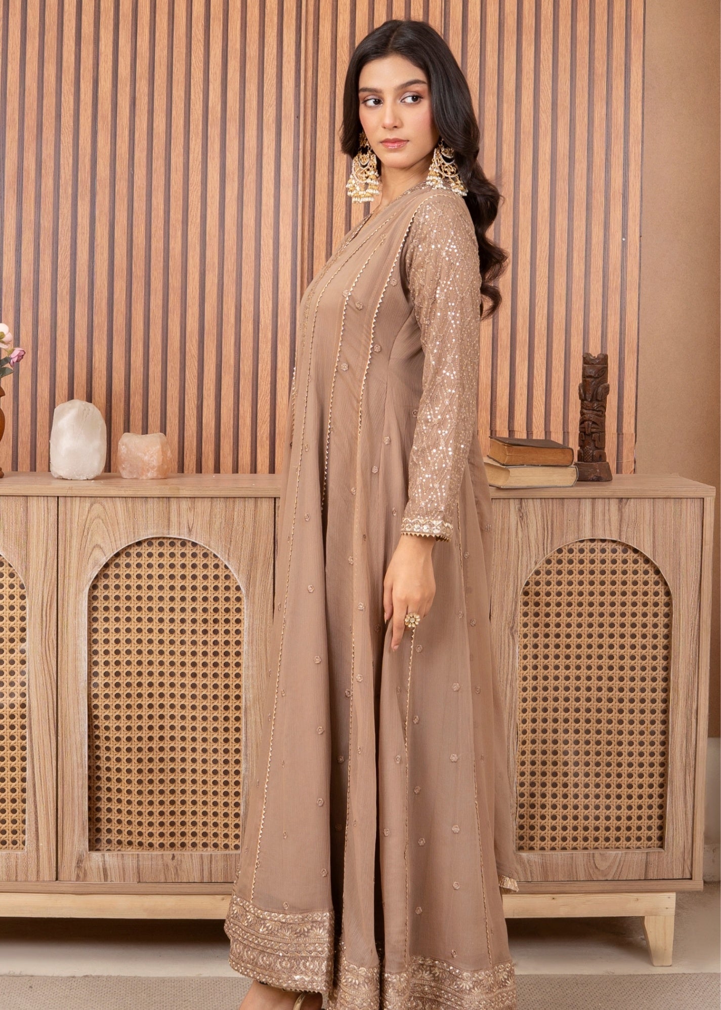 chiffon Pishwas in Camel brown