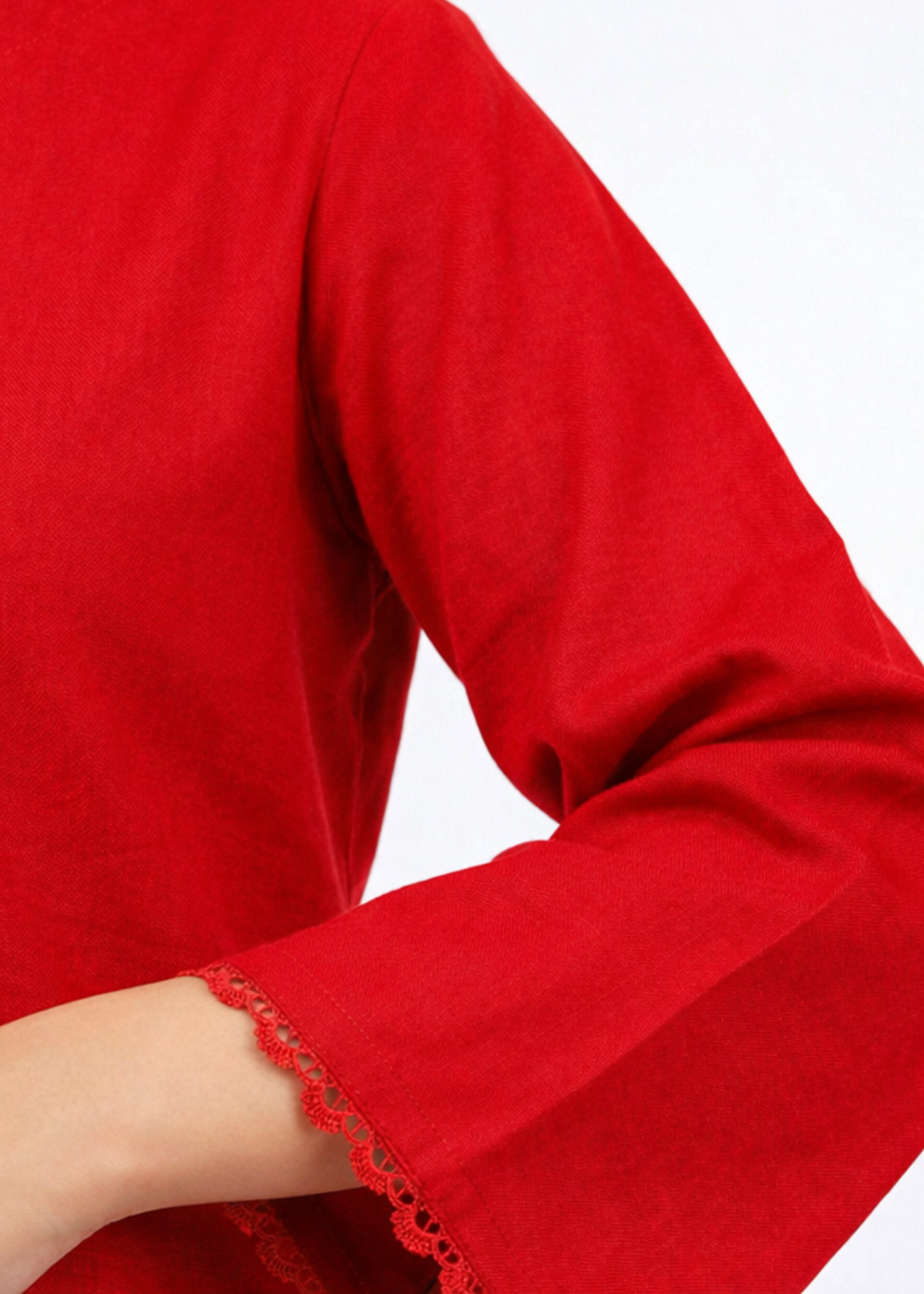 cambric Kurta Set in Red, cream