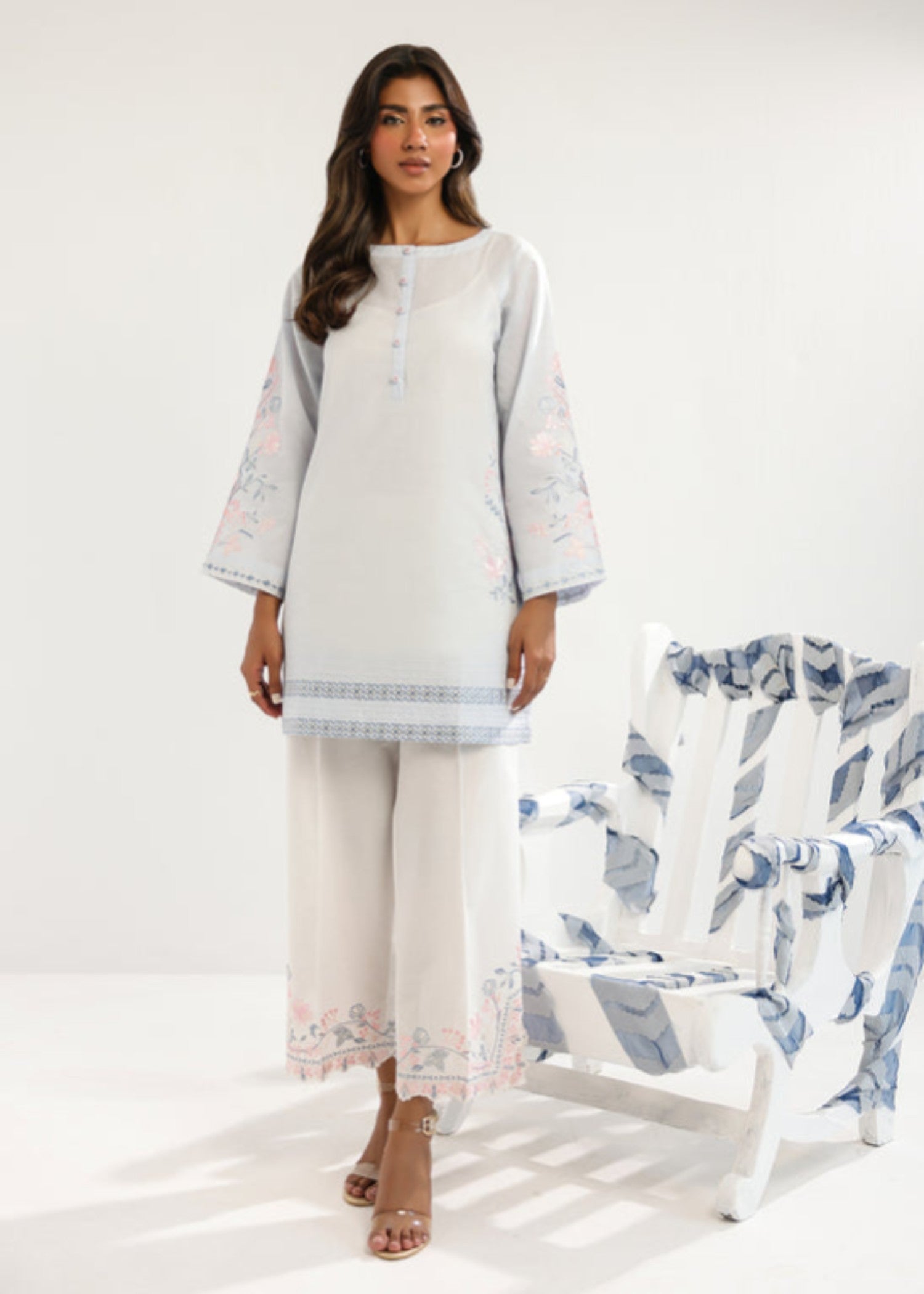 cambric Kurta Set in Ice blue, off-white