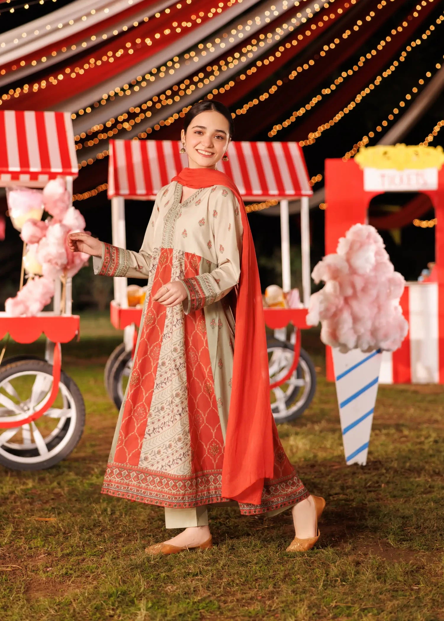 cotton Pishwas in Beige, pumpkin orange