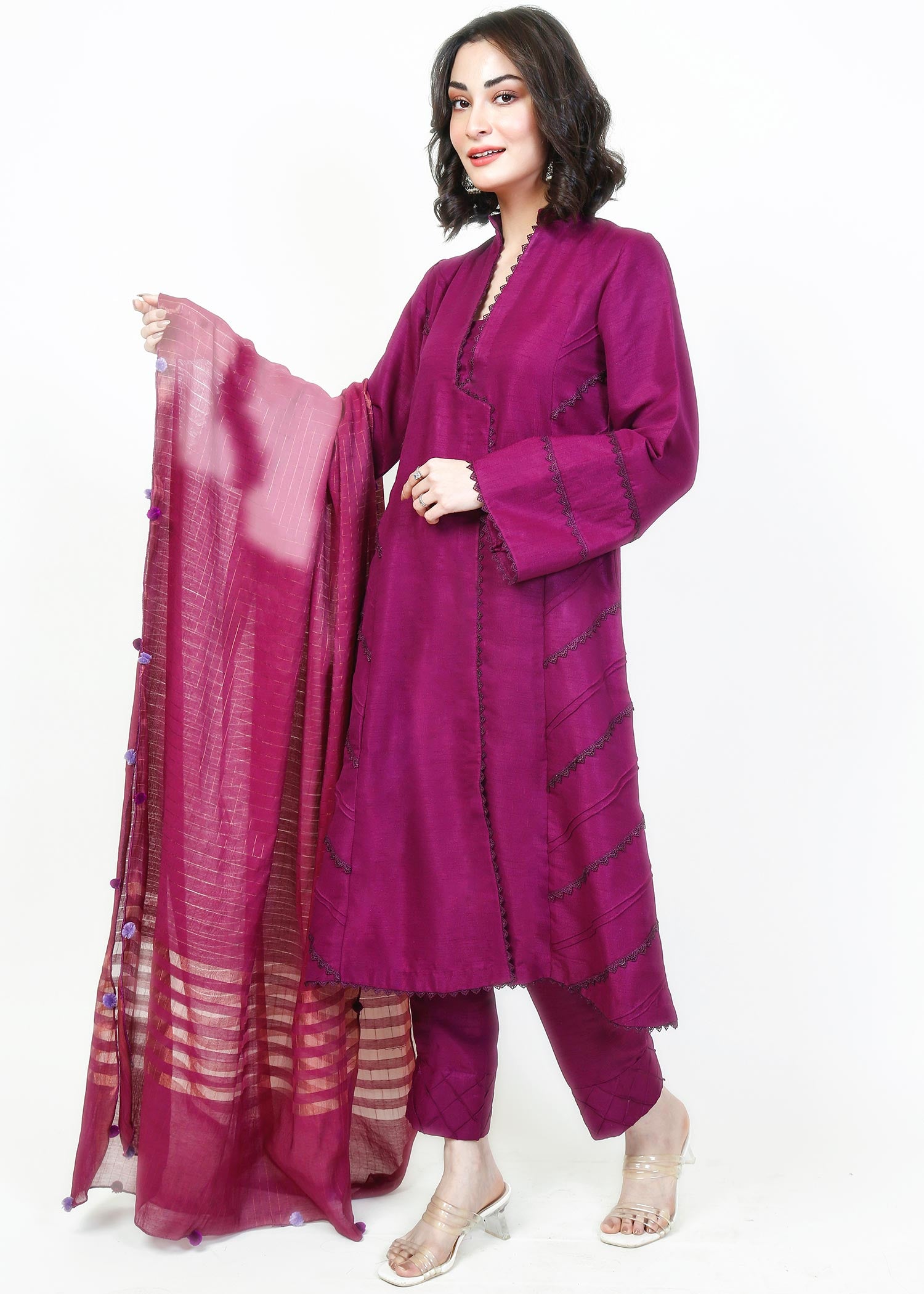 raw silk Short Frock in Magenta