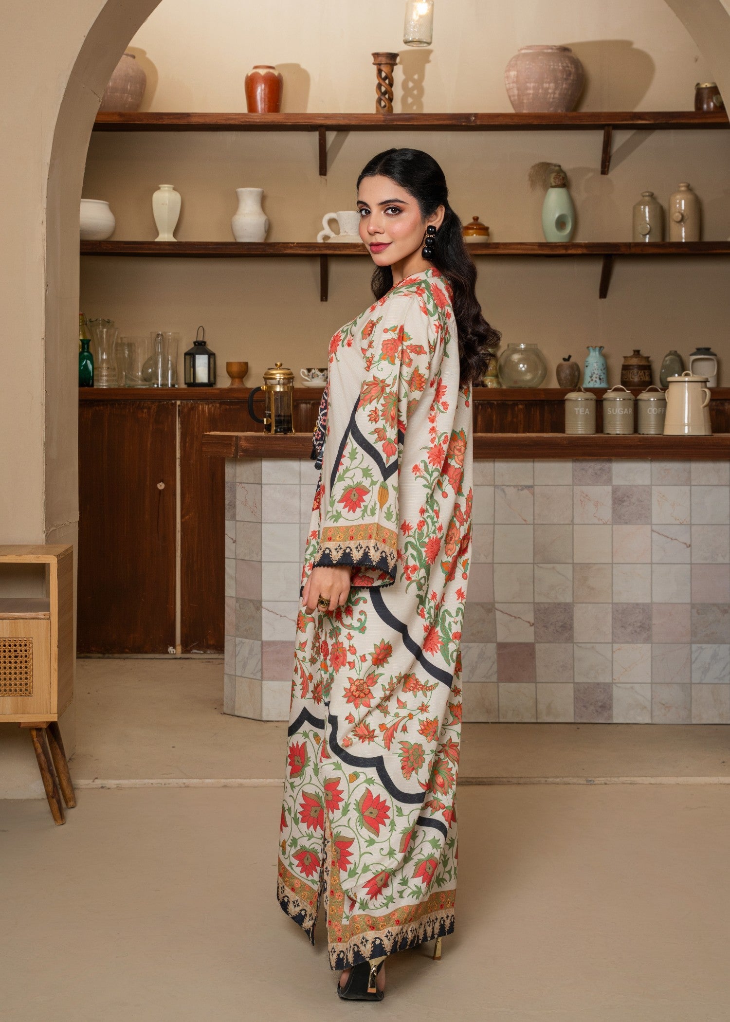poly modal Kaftan in Orange, cream