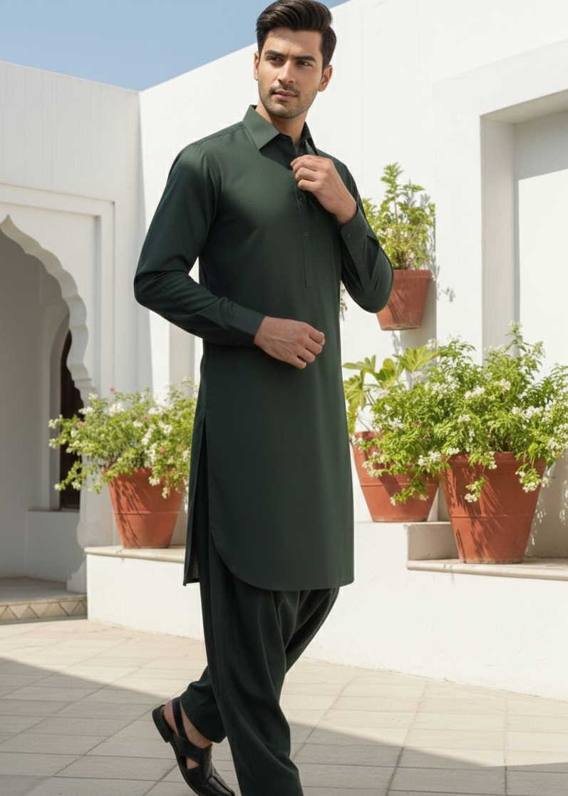wash & wear Shalwar Kameez in Green, dark green
