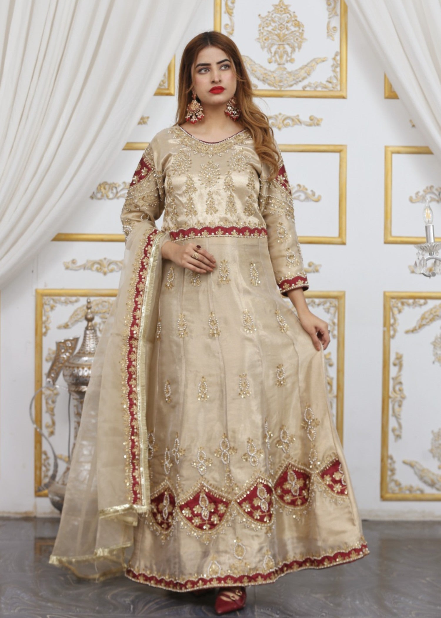 khaddi net shabnam zari Maxi in Beige