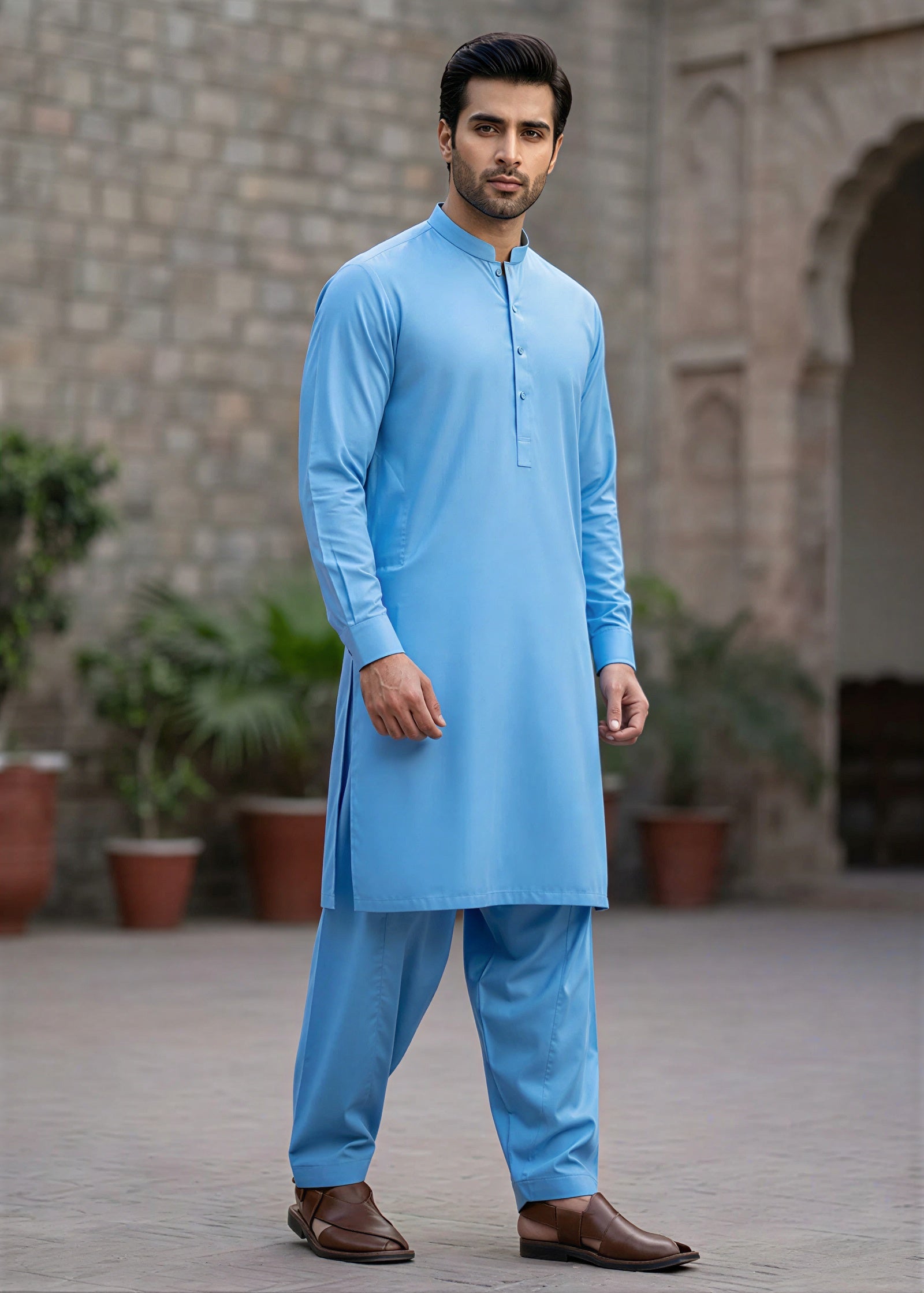 blend boski Shalwar Kameez in Sky blue by Waqar Mustafa