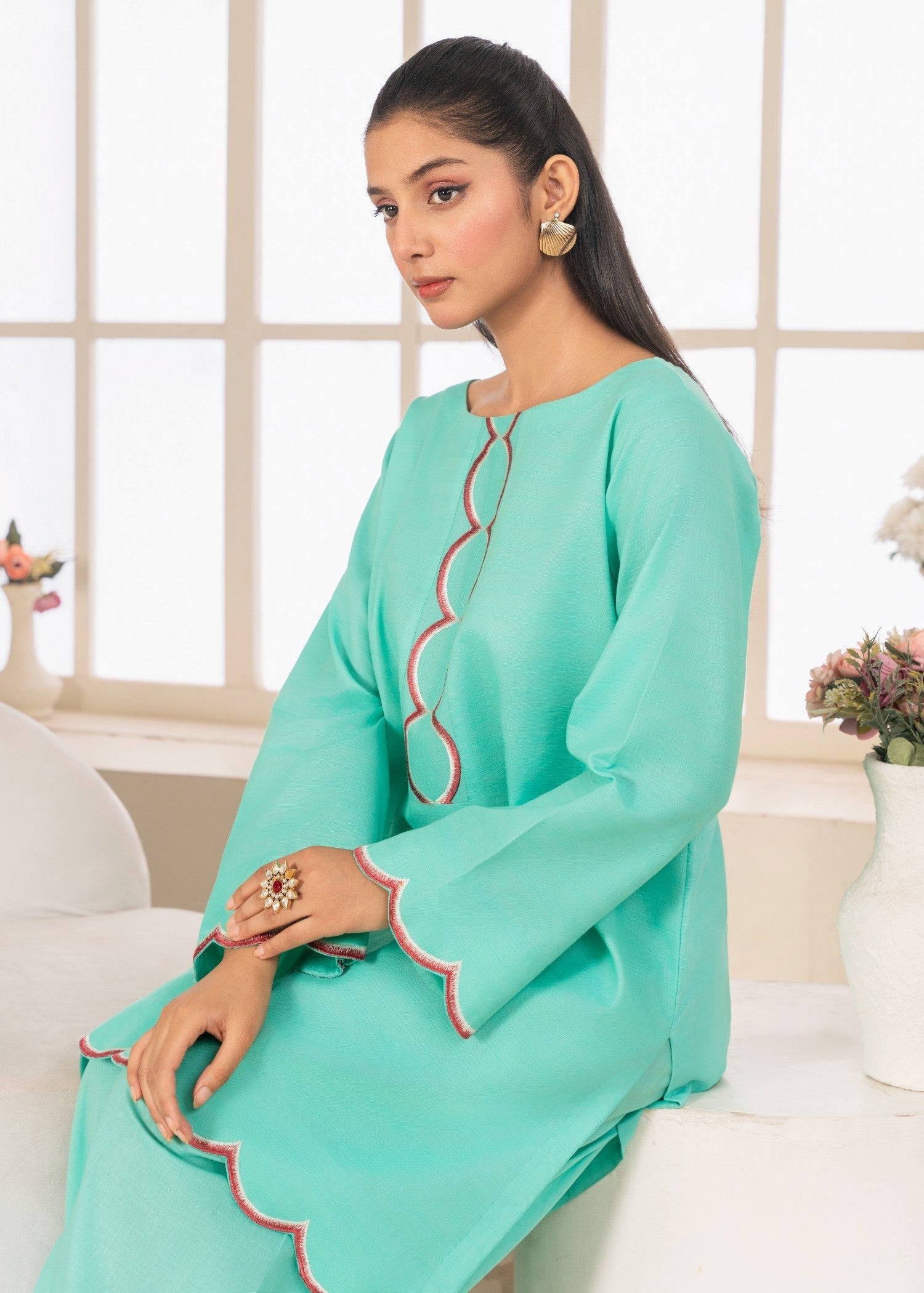 poly lawn Kurta Set in Turquoise