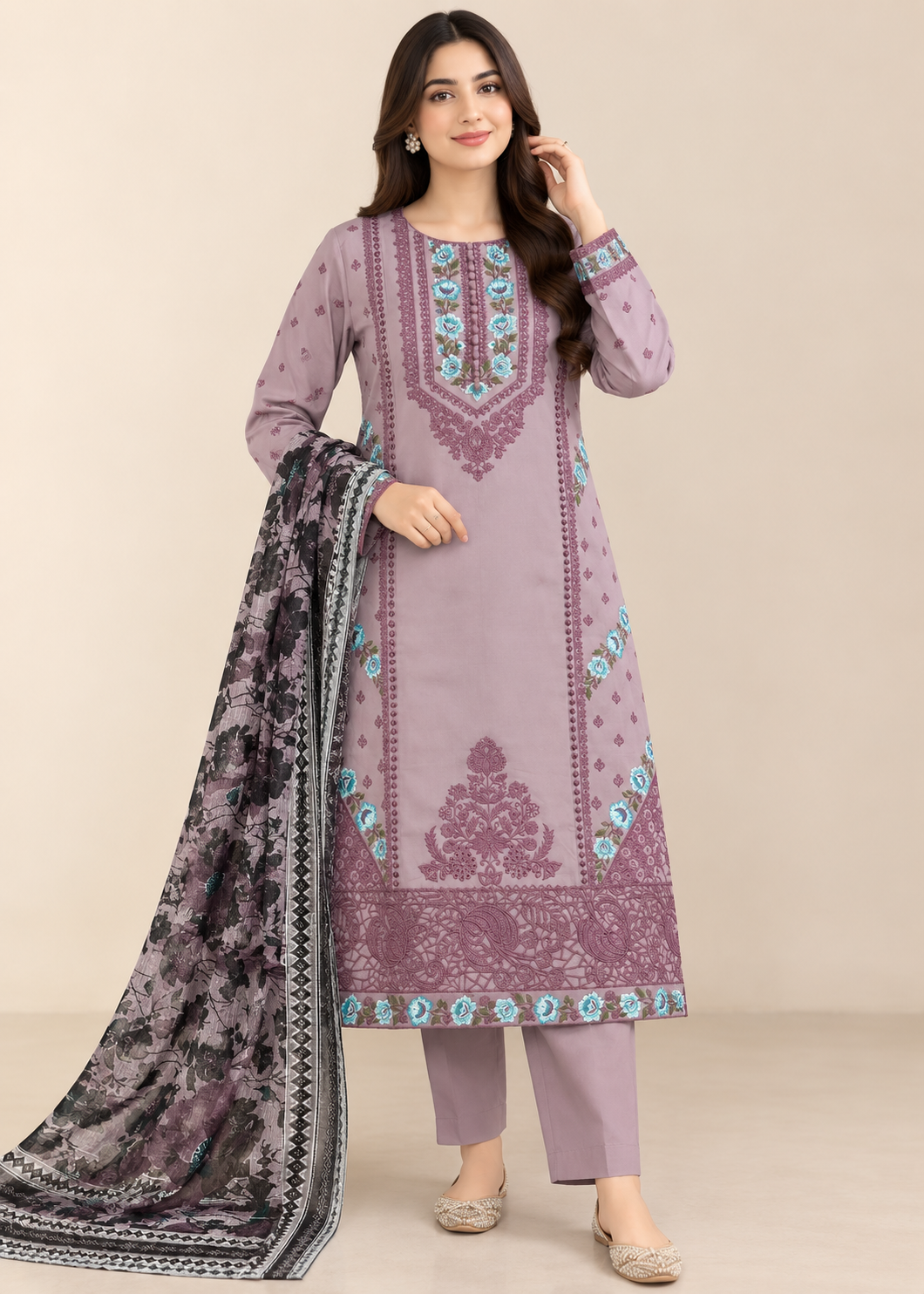 cambric cotton Kurta Set in Mauve