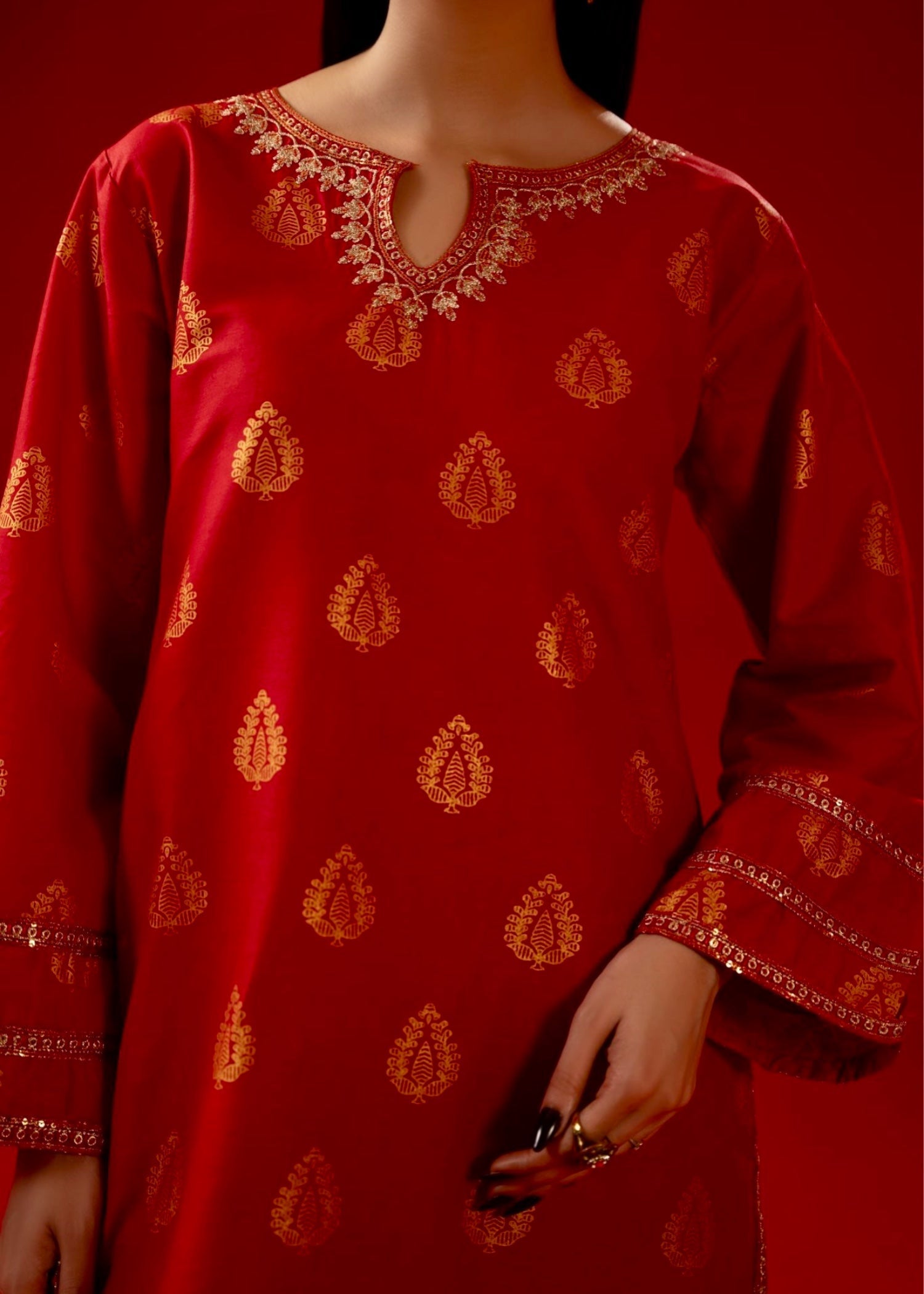 cambric Kurta Set in Red