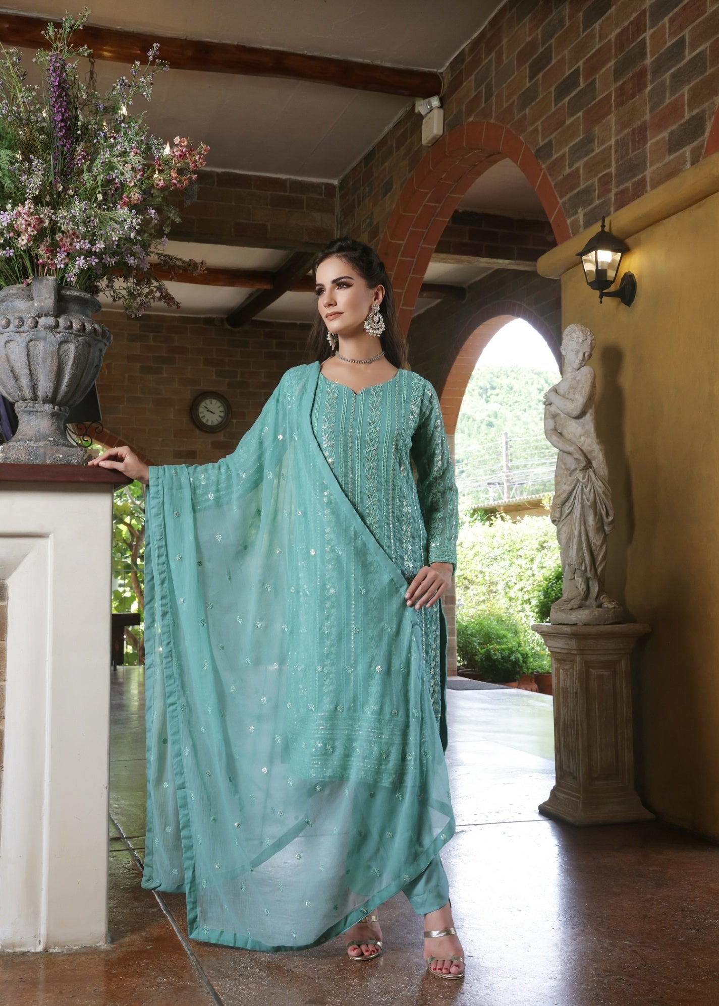 chiffon Kurta Set in Light cyan