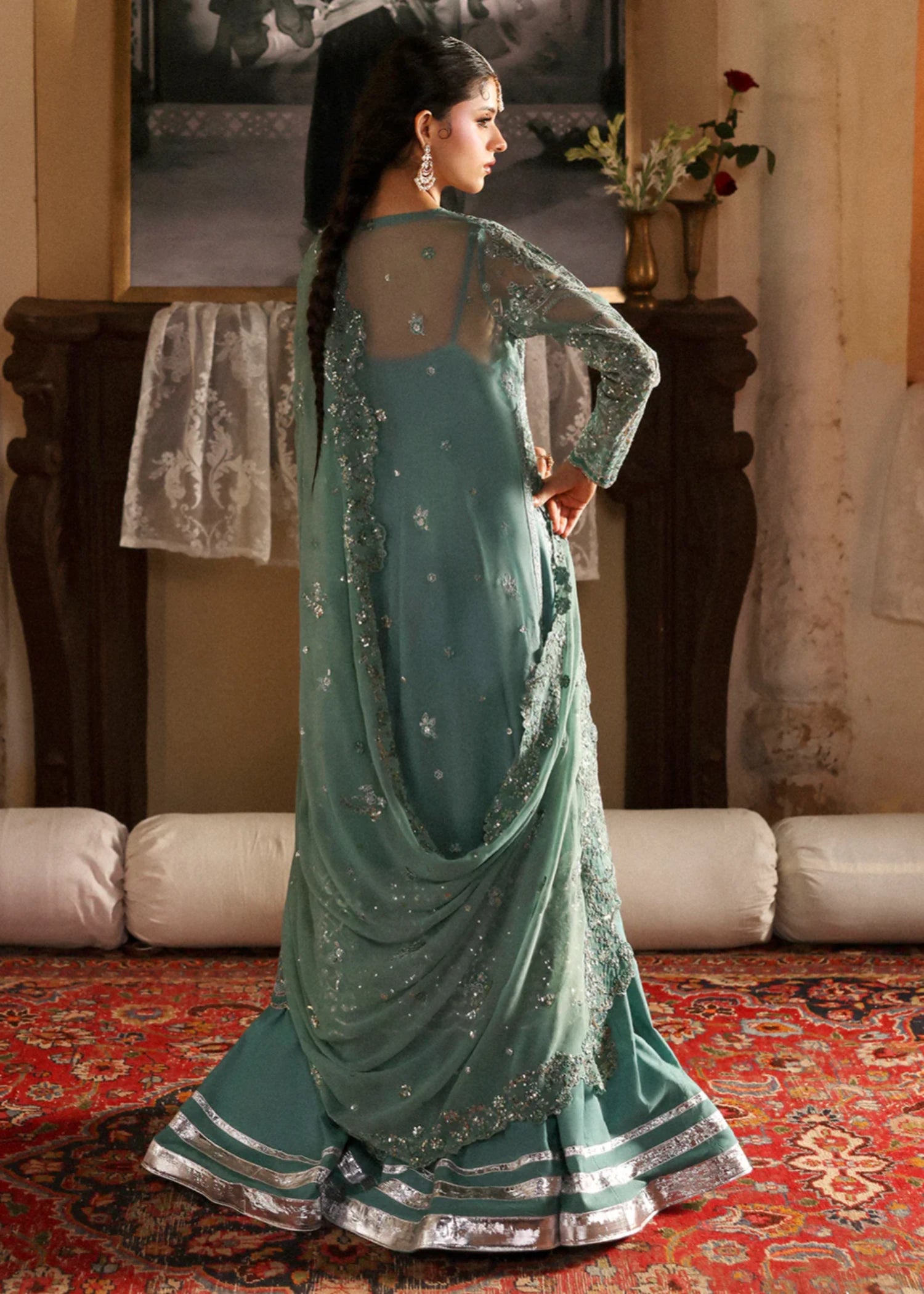 organza Unstitched in Jade green