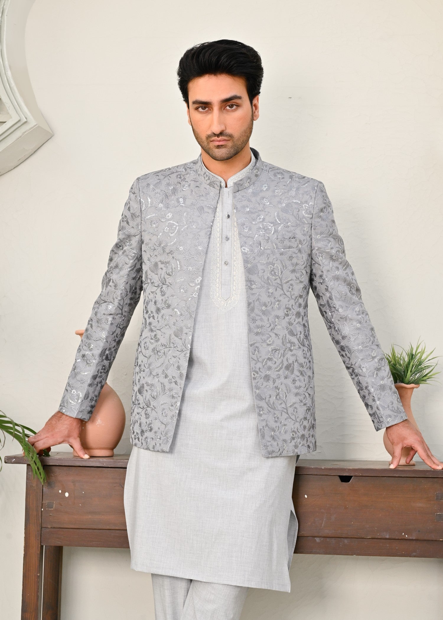 raw silk Prince Coat in Grey